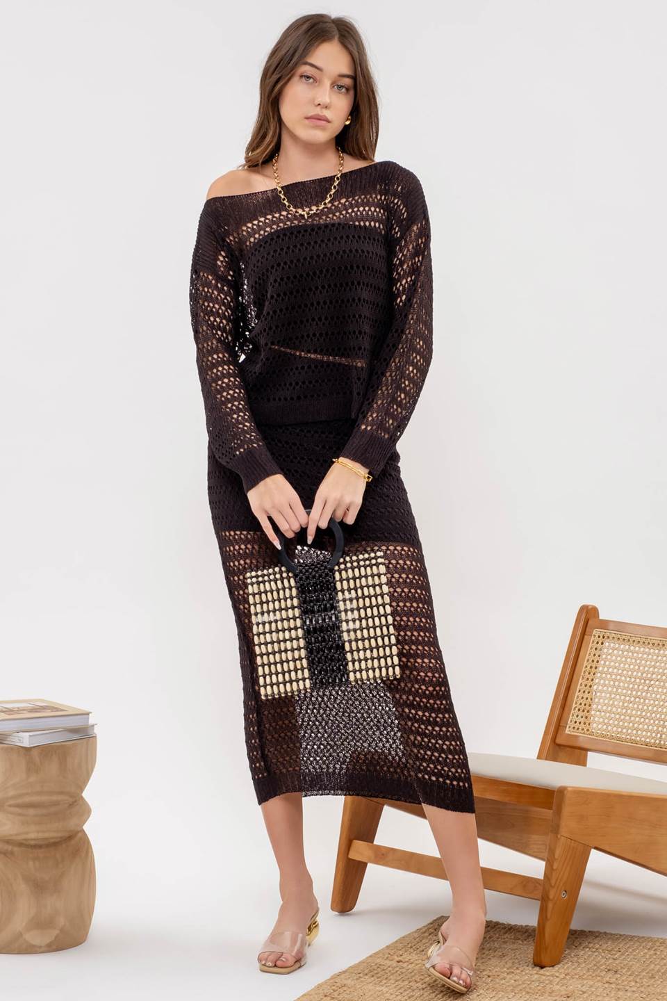 Crochet Sheer Knit Midi Skirt