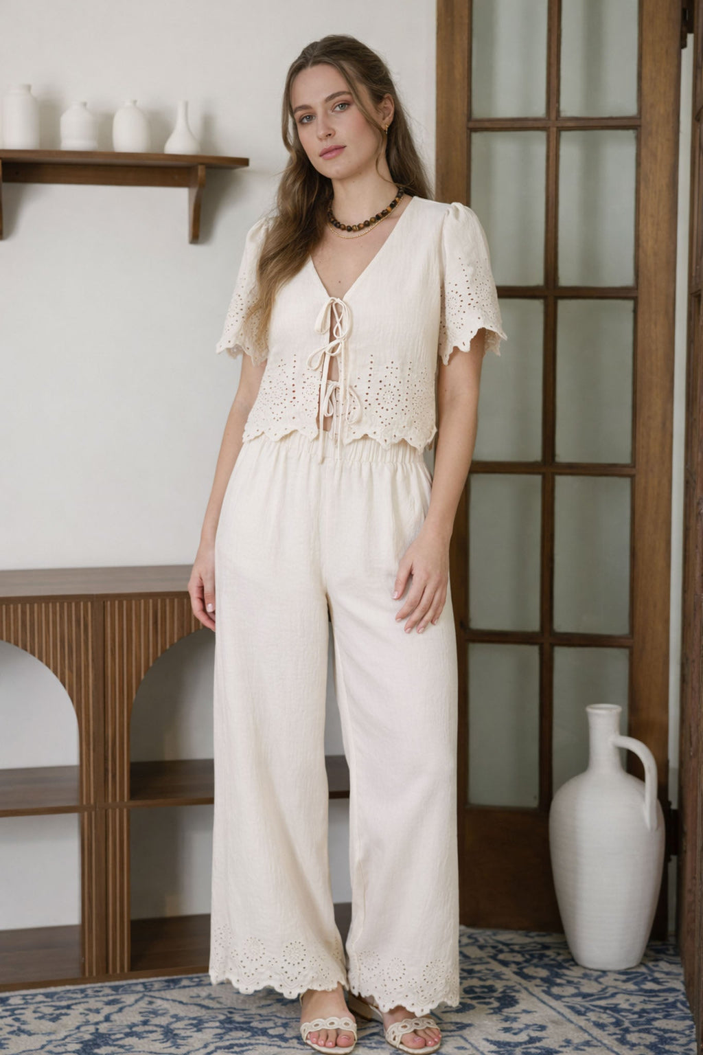 Eyelet Trim Front Tie Blouse And Wide Leg Pant Set