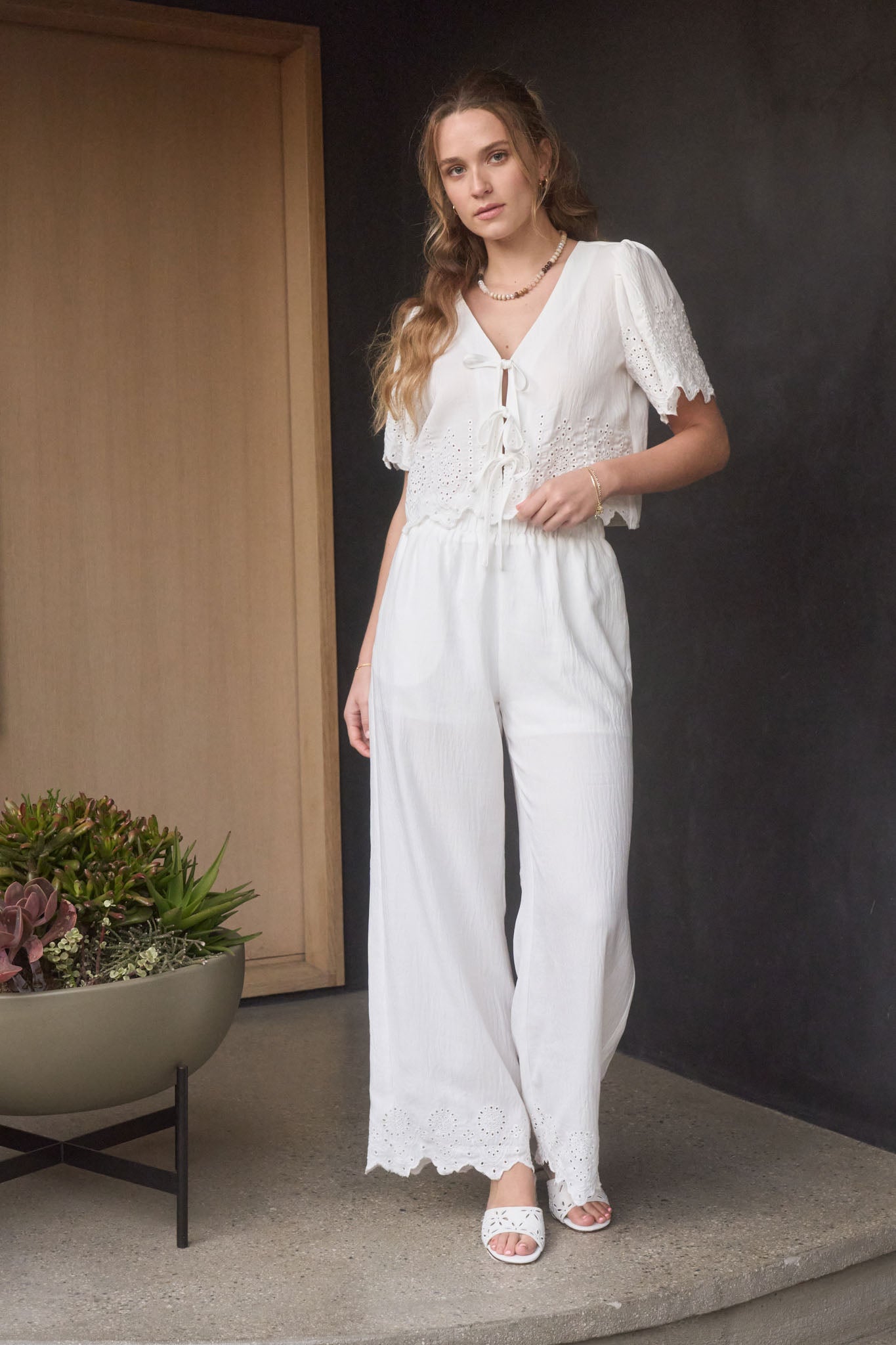 Eyelet Trim Front Tie Blouse And Wide Leg Pant Set
