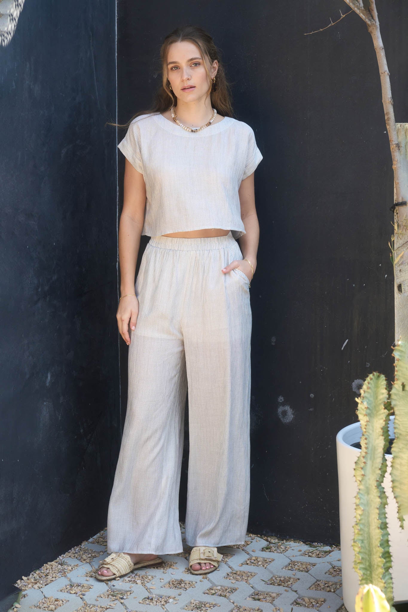 Stripe Back Button Crop Top And Wide Leg Pant Set