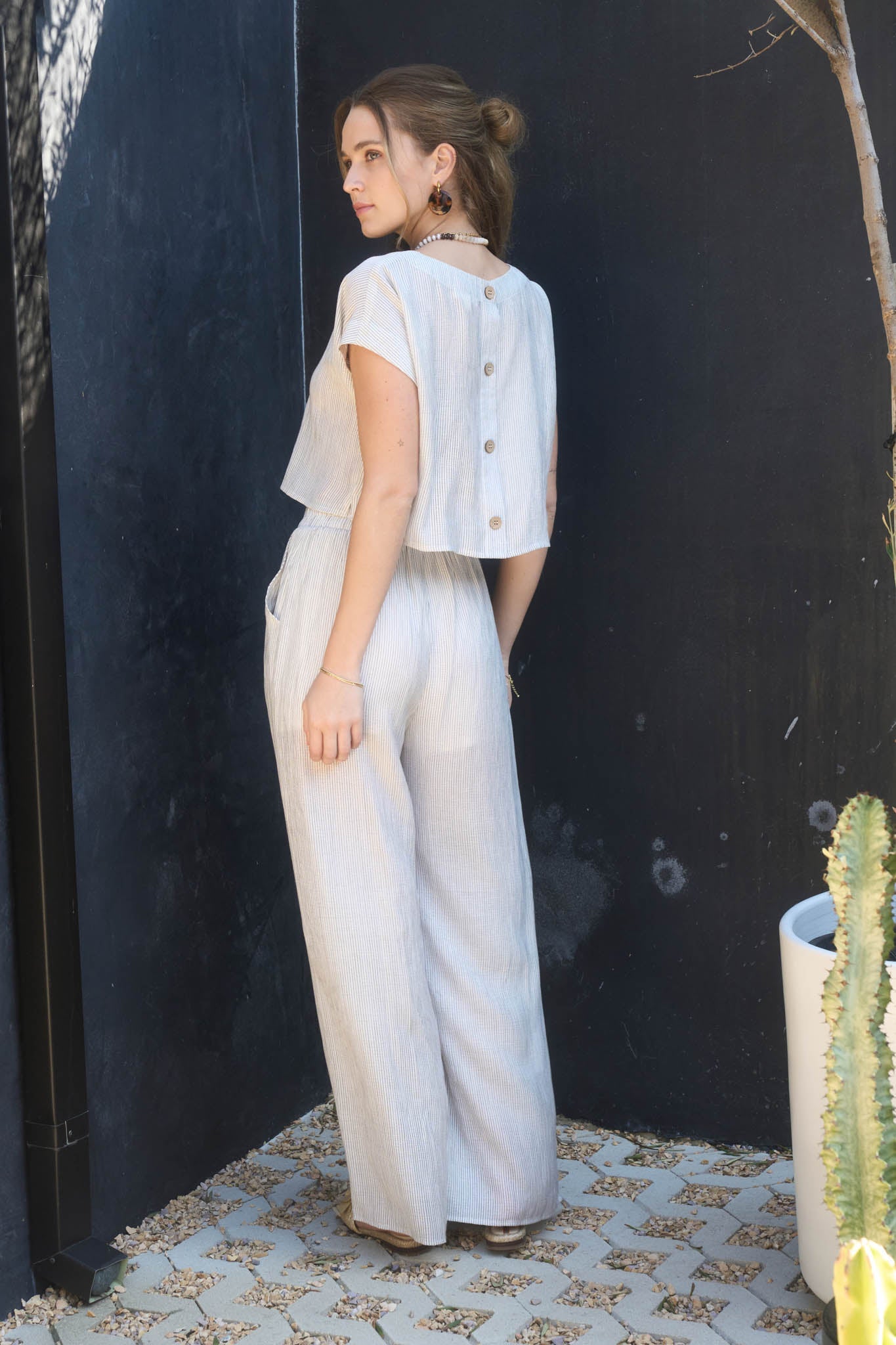 Stripe Back Button Crop Top And Wide Leg Pant Set