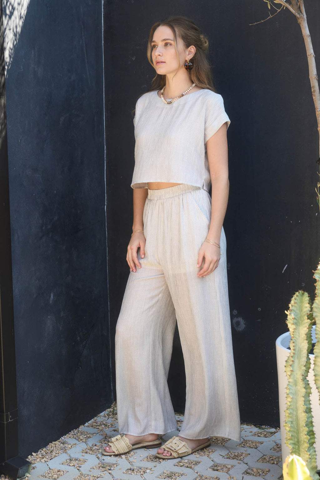Stripe Back Button Crop Top And Wide Leg Pant Set
