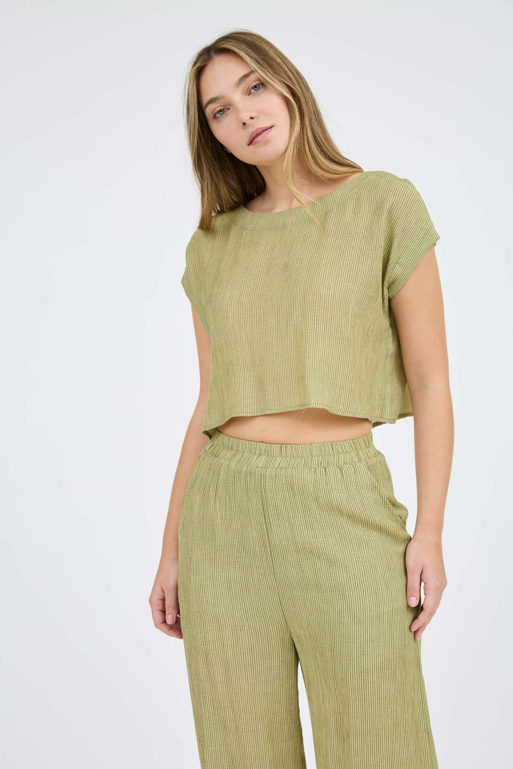 Stripe Back Button Crop Top And Wide Leg Pant Set