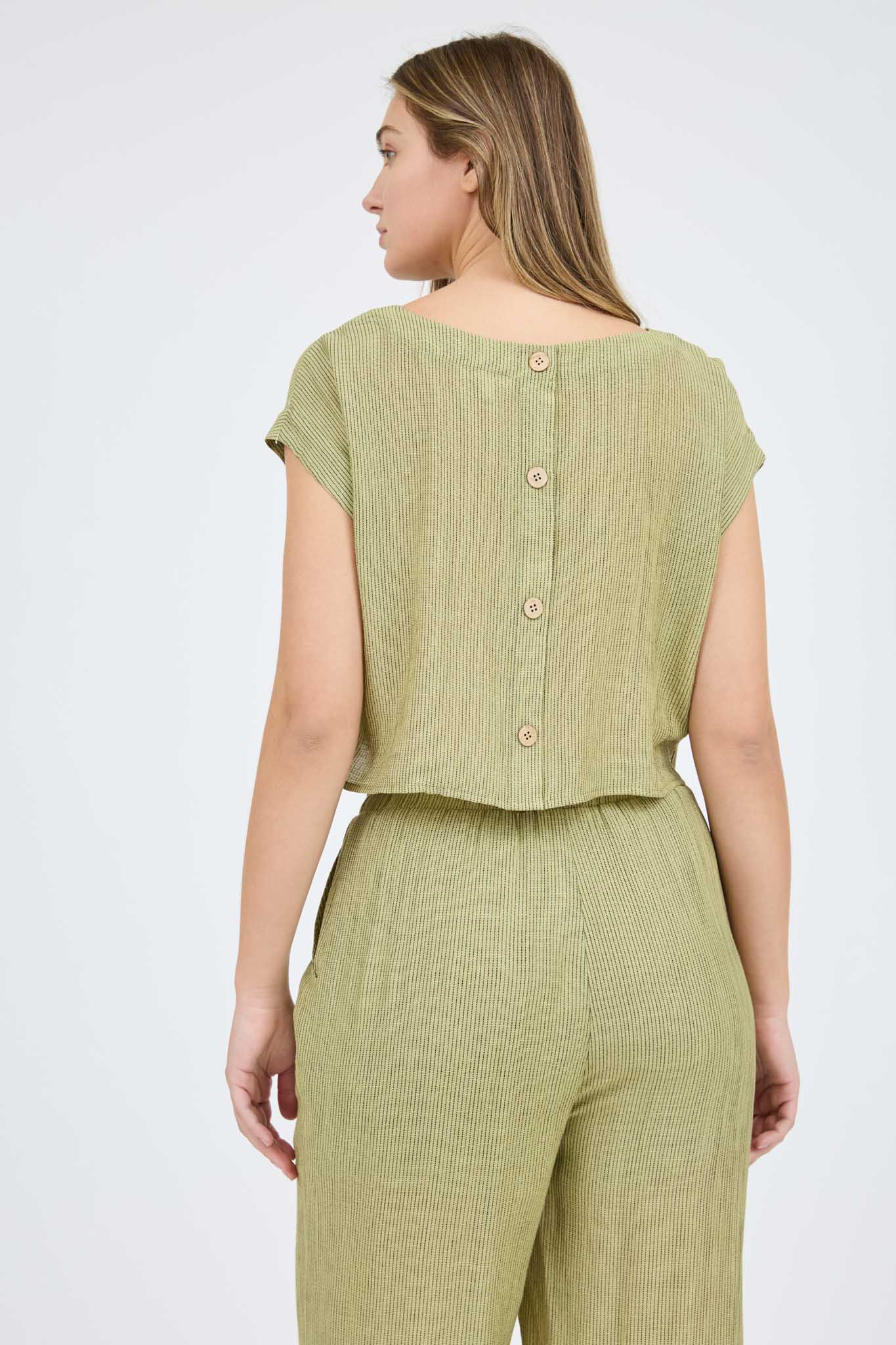 Stripe Back Button Crop Top And Wide Leg Pant Set