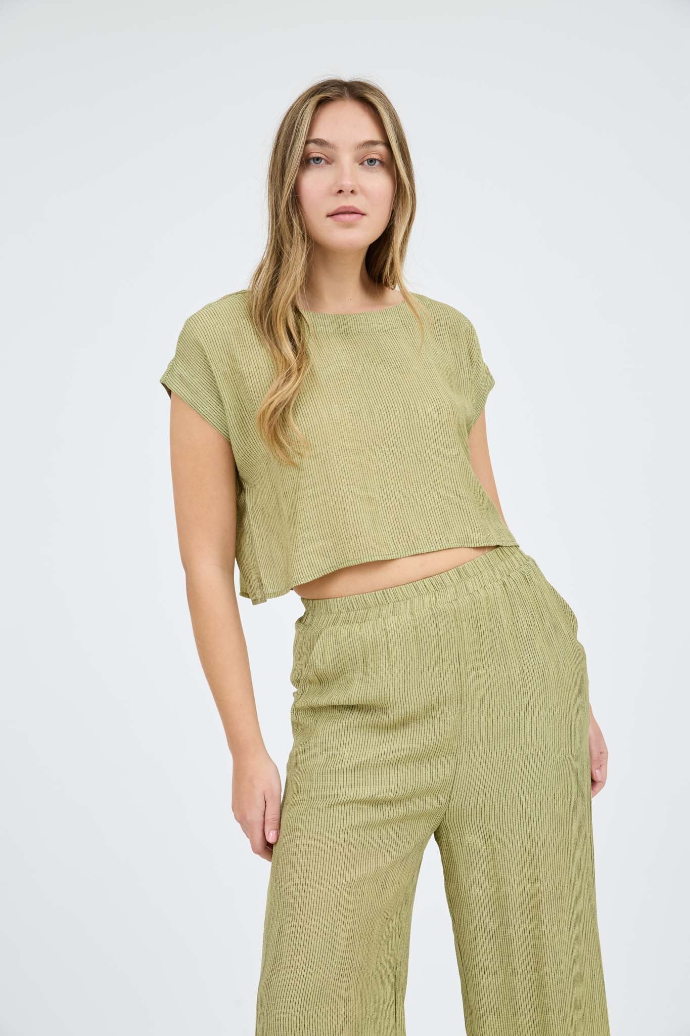 Stripe Back Button Crop Top And Wide Leg Pant Set