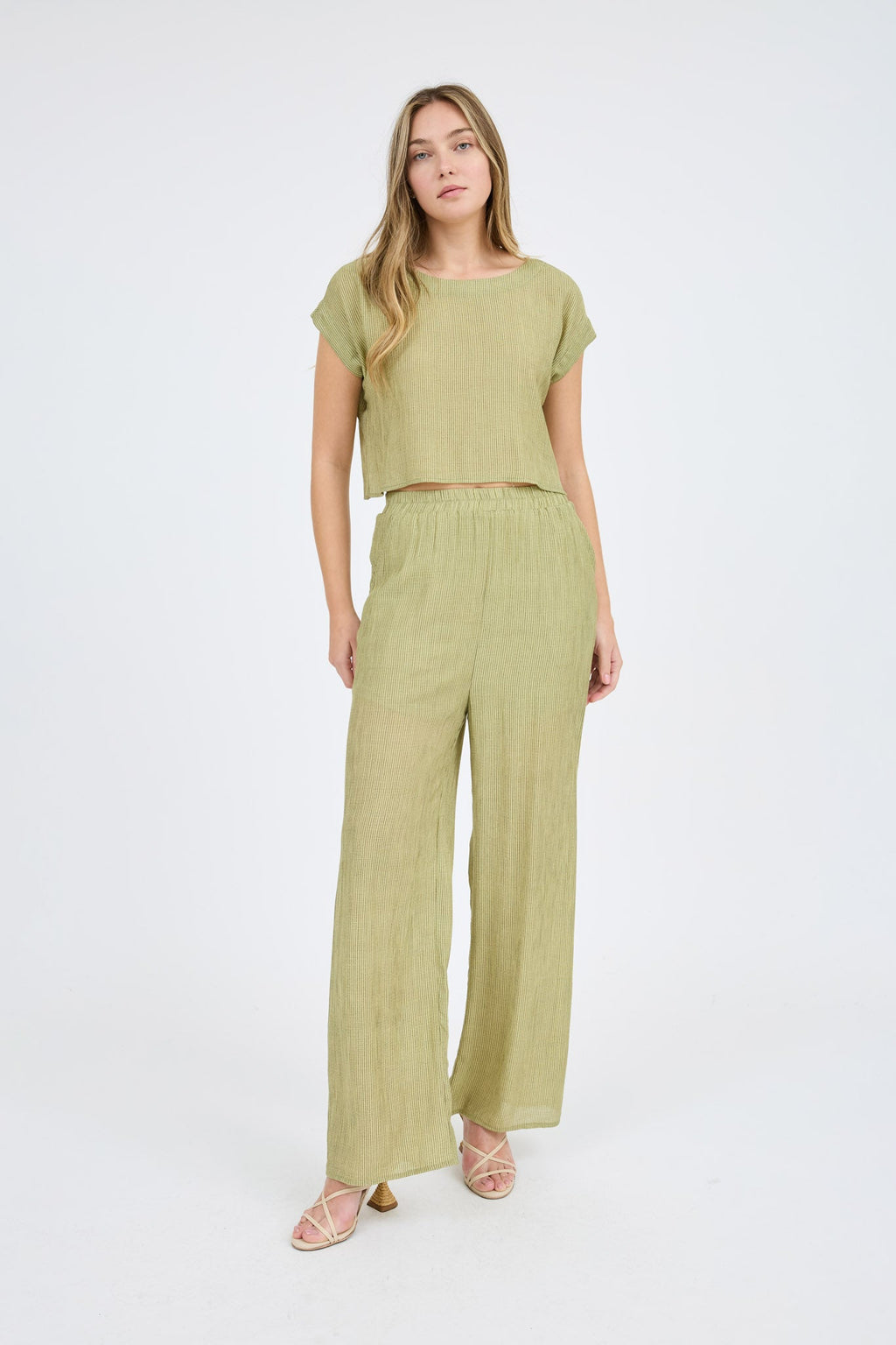 Stripe Back Button Crop Top And Wide Leg Pant Set