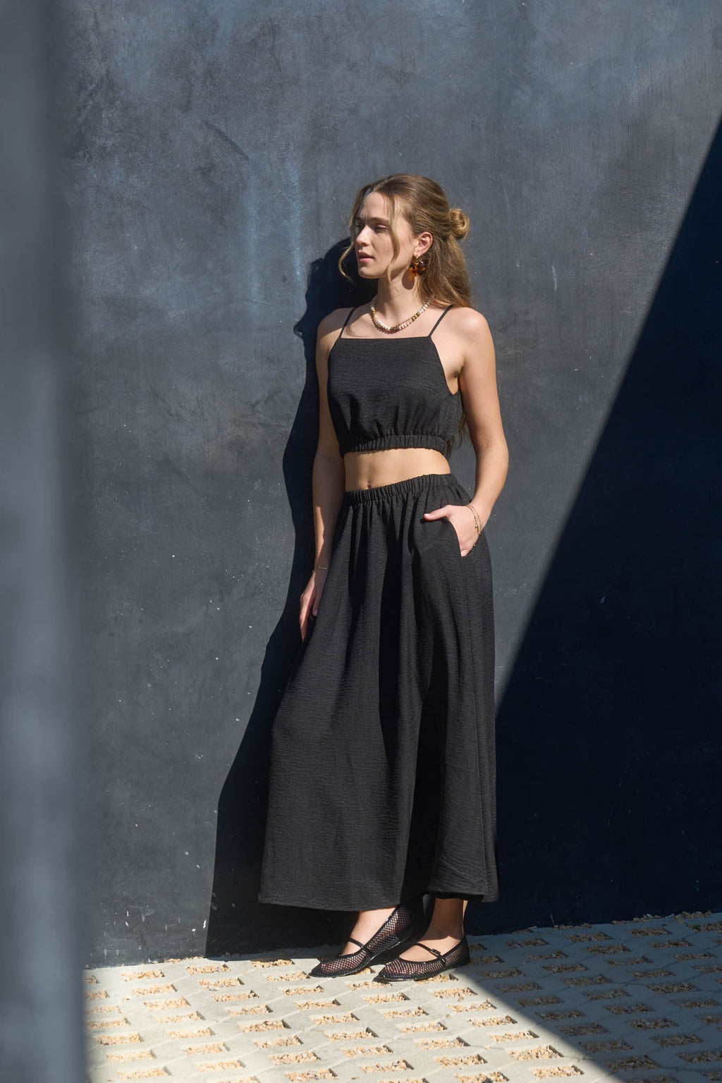 Square Neck Sleeveless Elastic Waist Crop Top