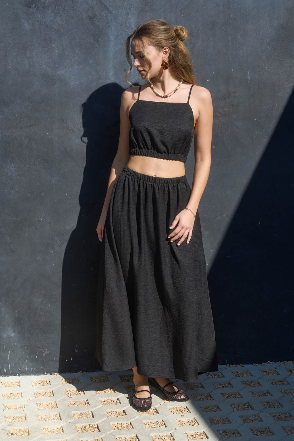 Square Neck Sleeveless Elastic Waist Crop Top