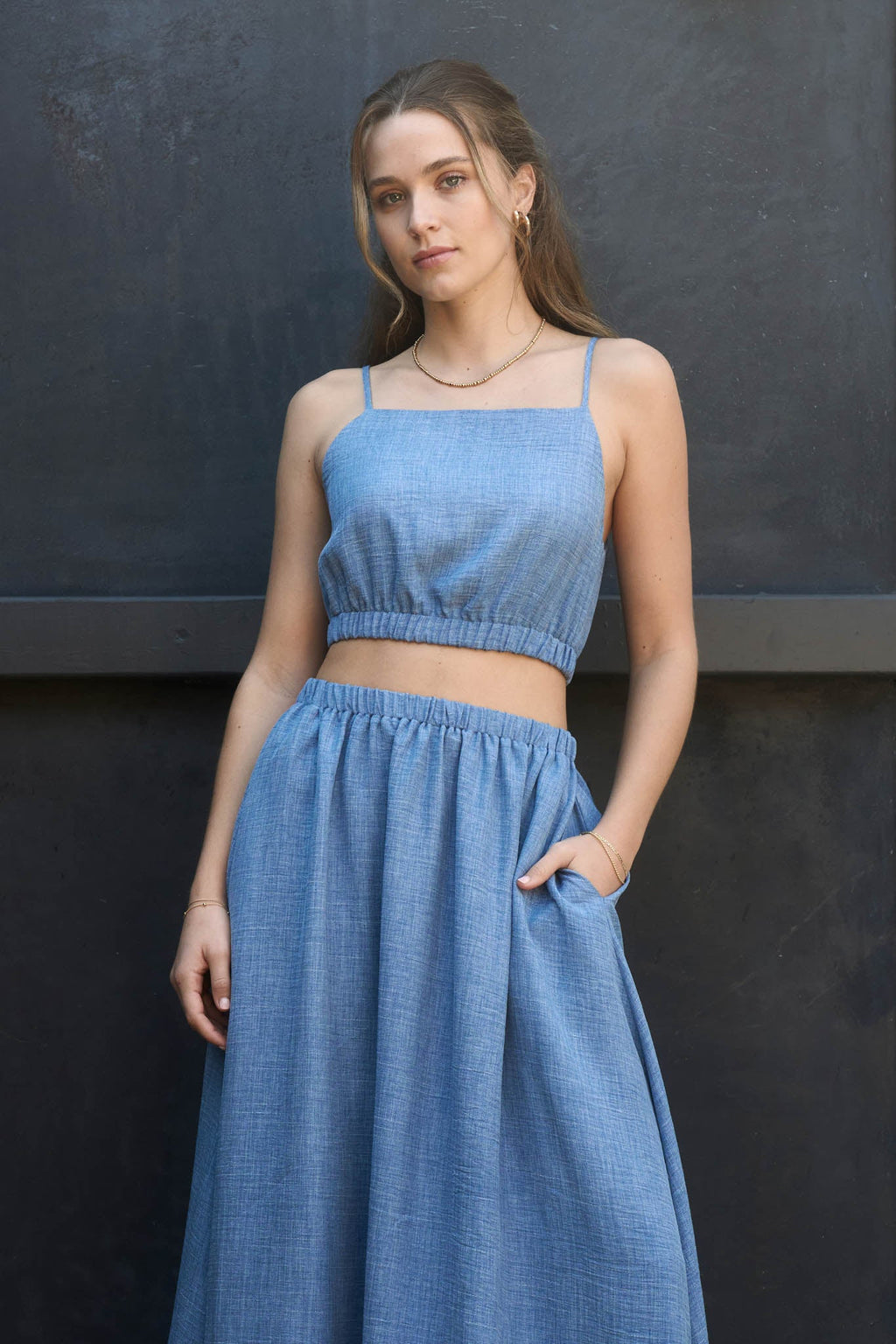 Square Neck Sleeveless Elastic Waist Crop Top