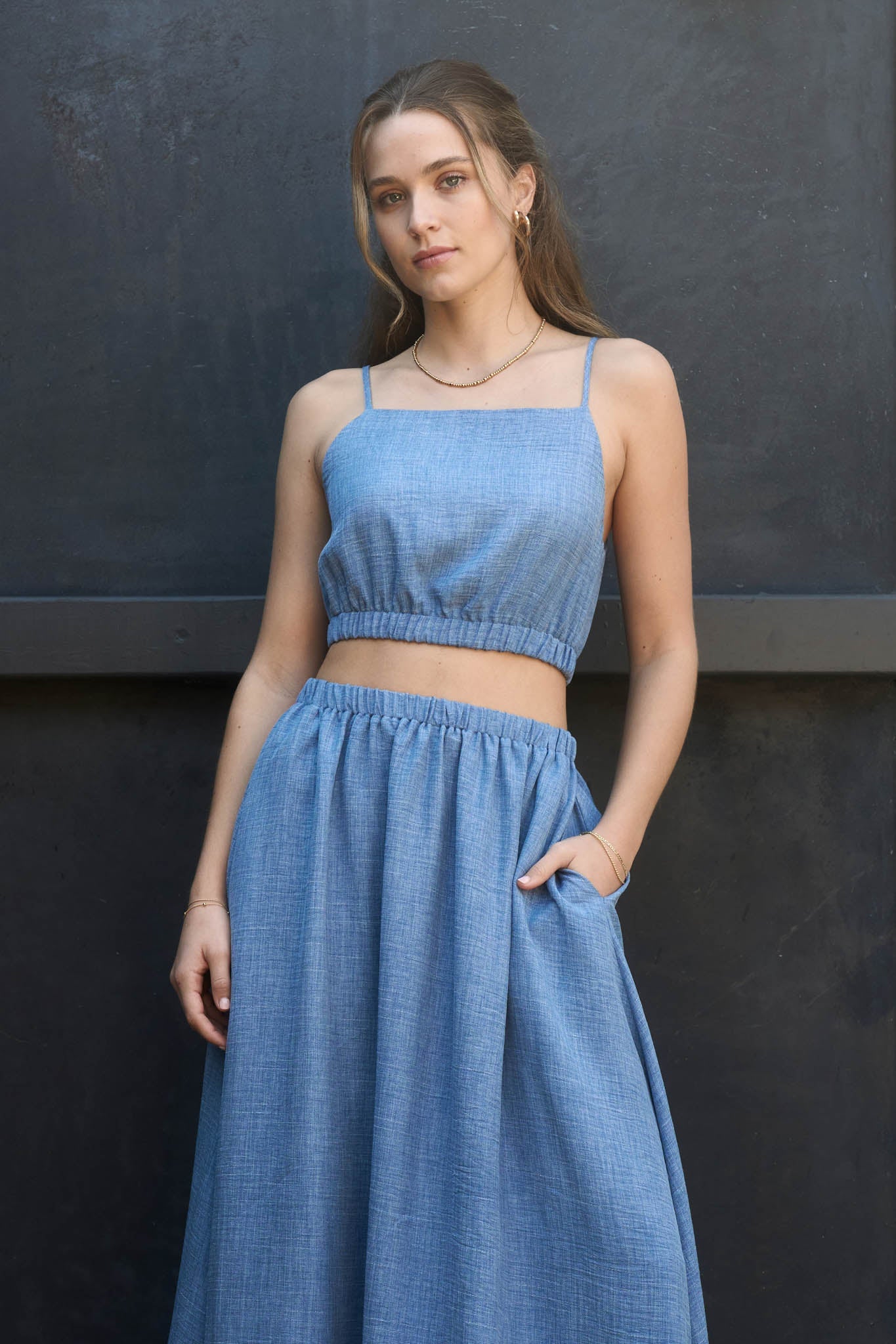 Square Neck Sleeveless Elastic Waist Crop Top