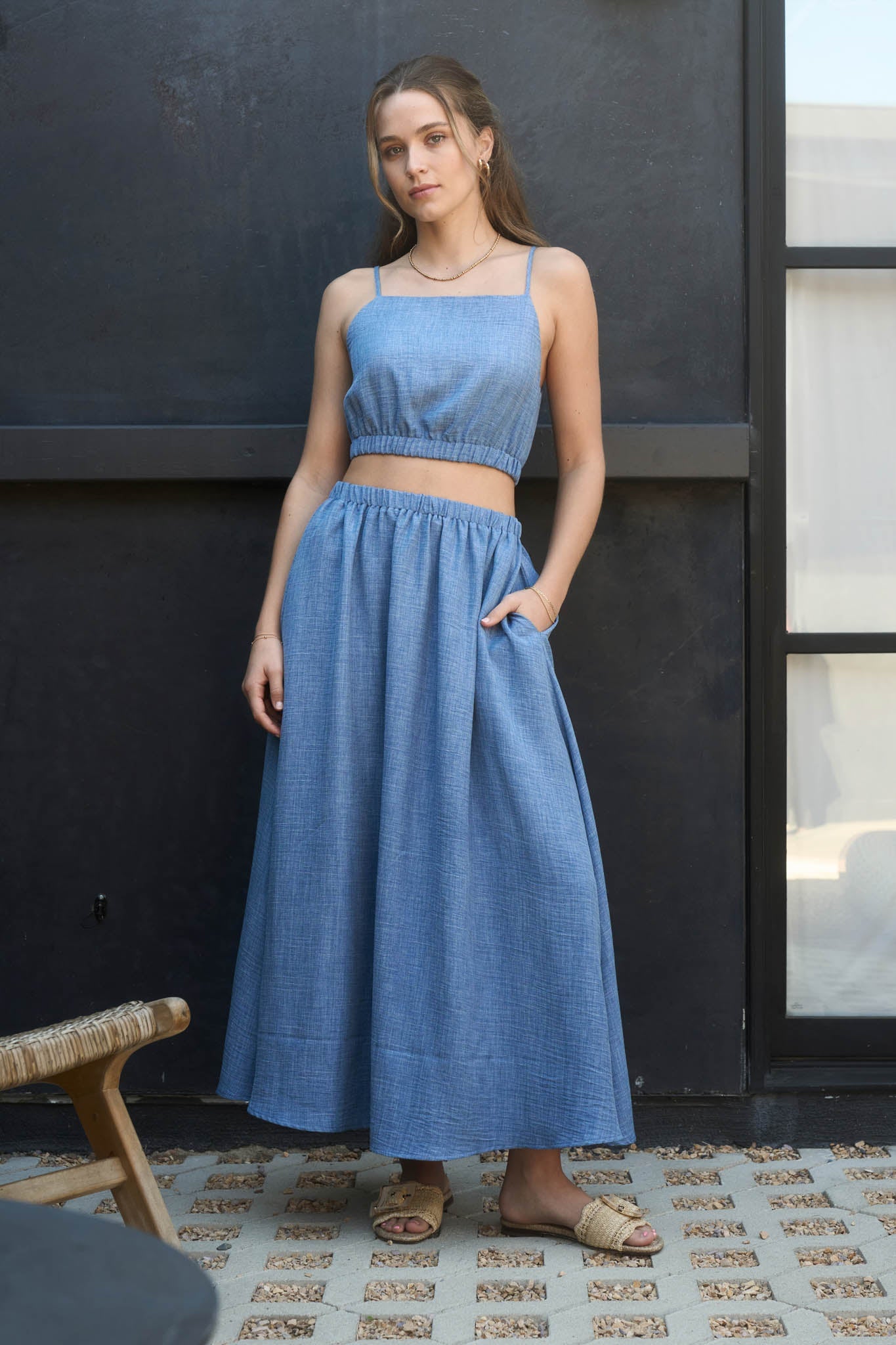 Square Neck Sleeveless Elastic Waist Crop Top