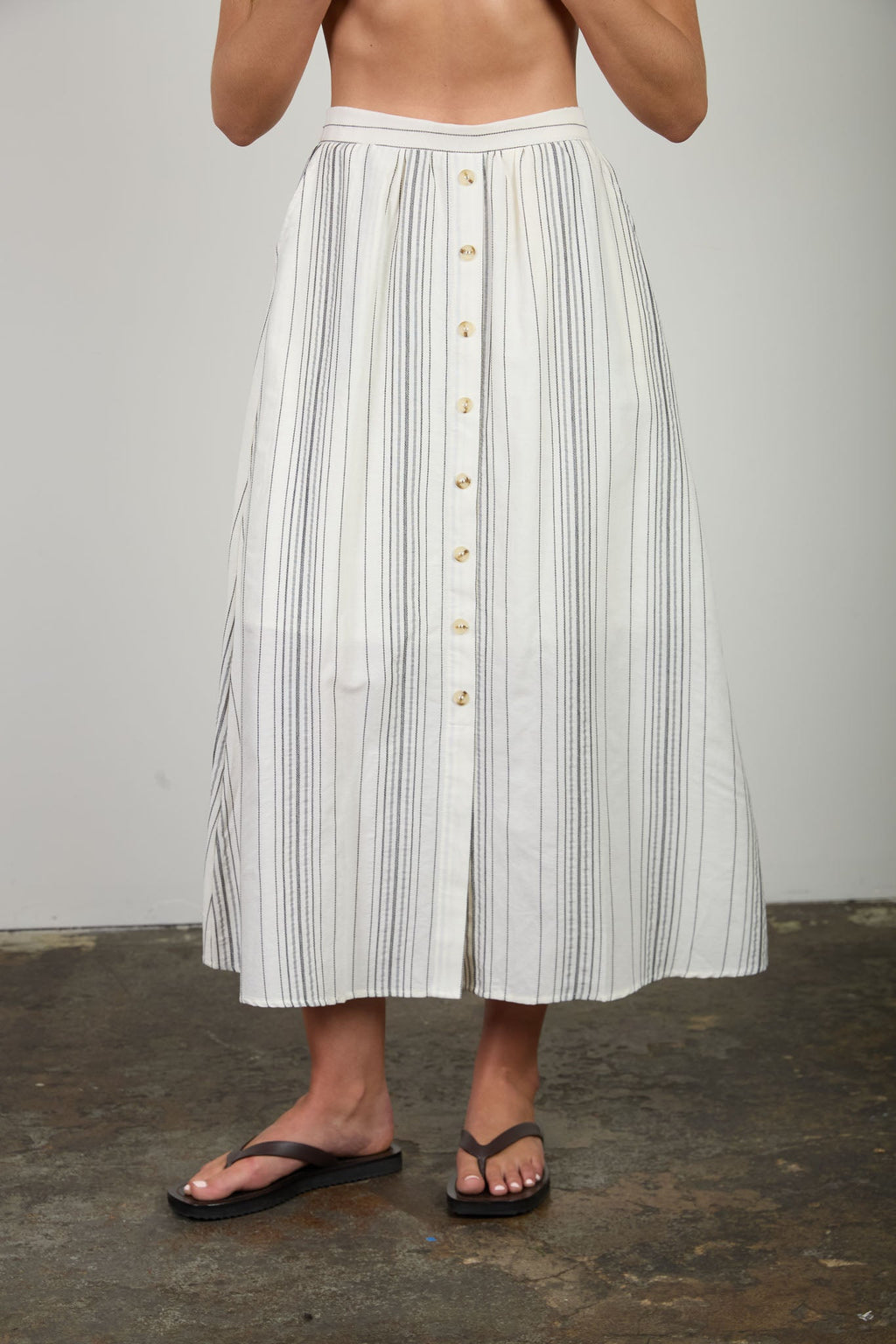 Stripe Mock Button Down Midi Skirt