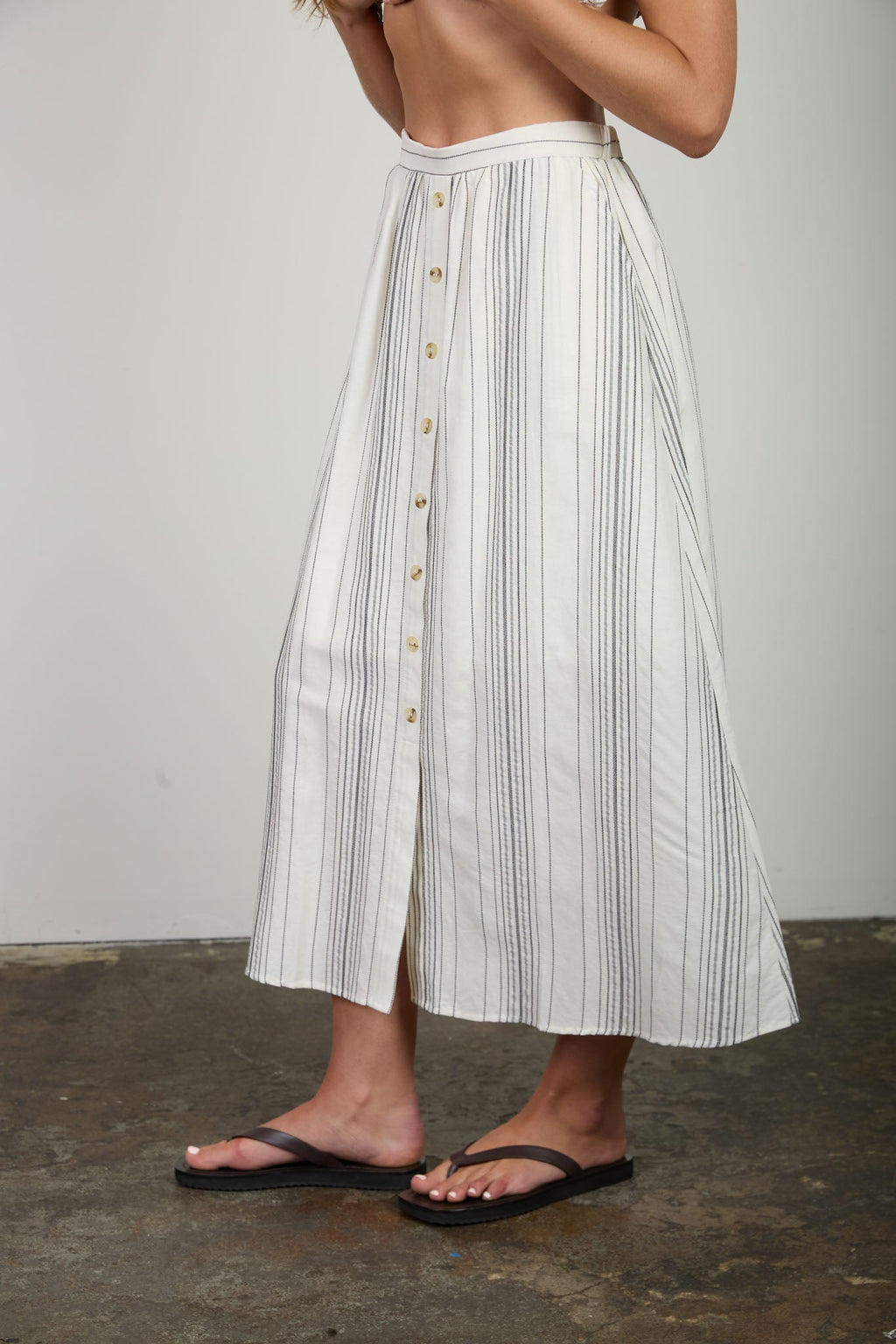 Stripe Mock Button Down Midi Skirt