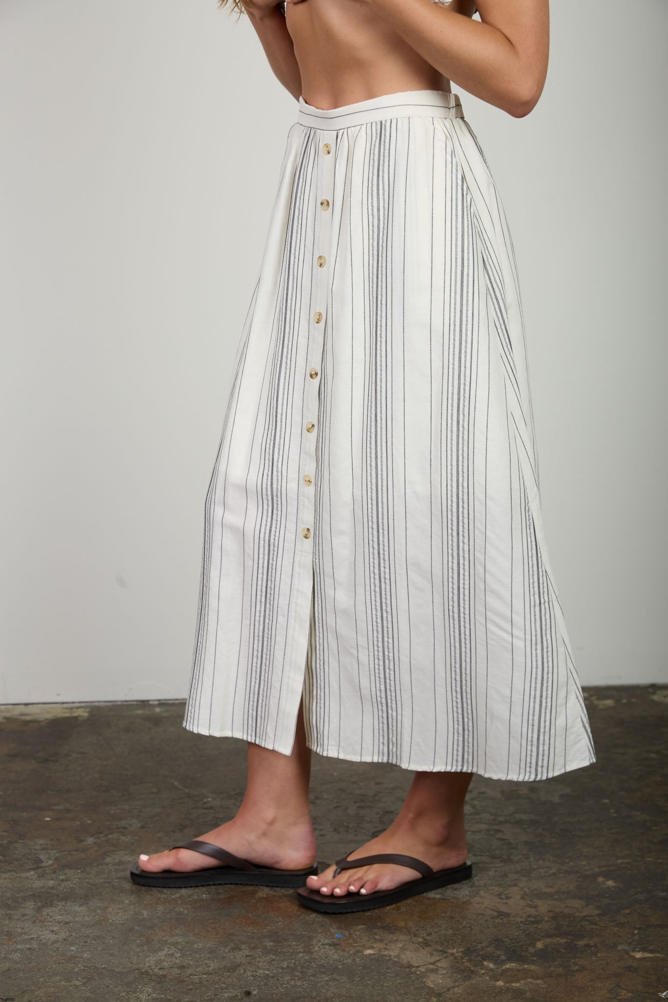 Stripe Mock Button Down Midi Skirt