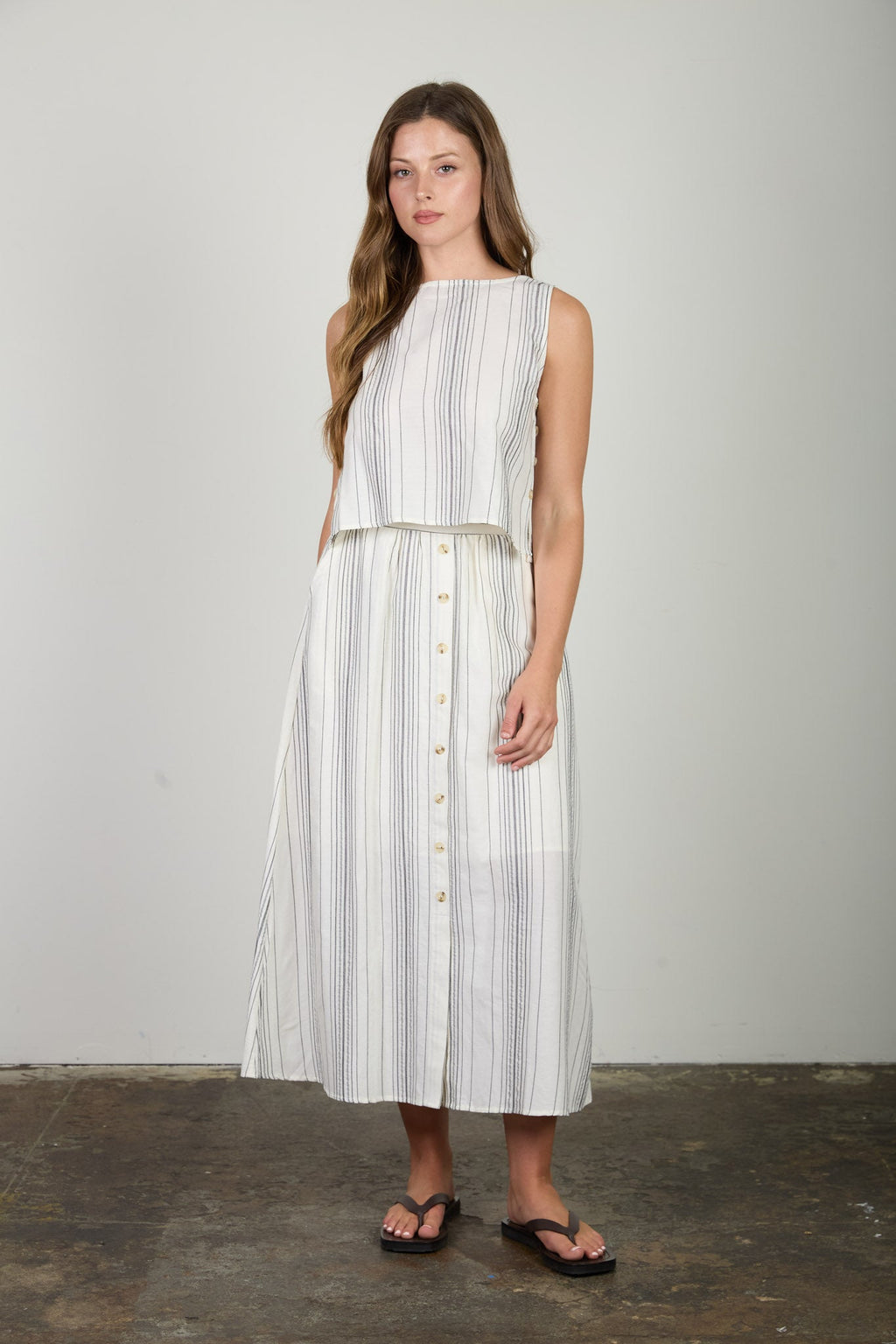 Stripe Mock Button Down Midi Skirt