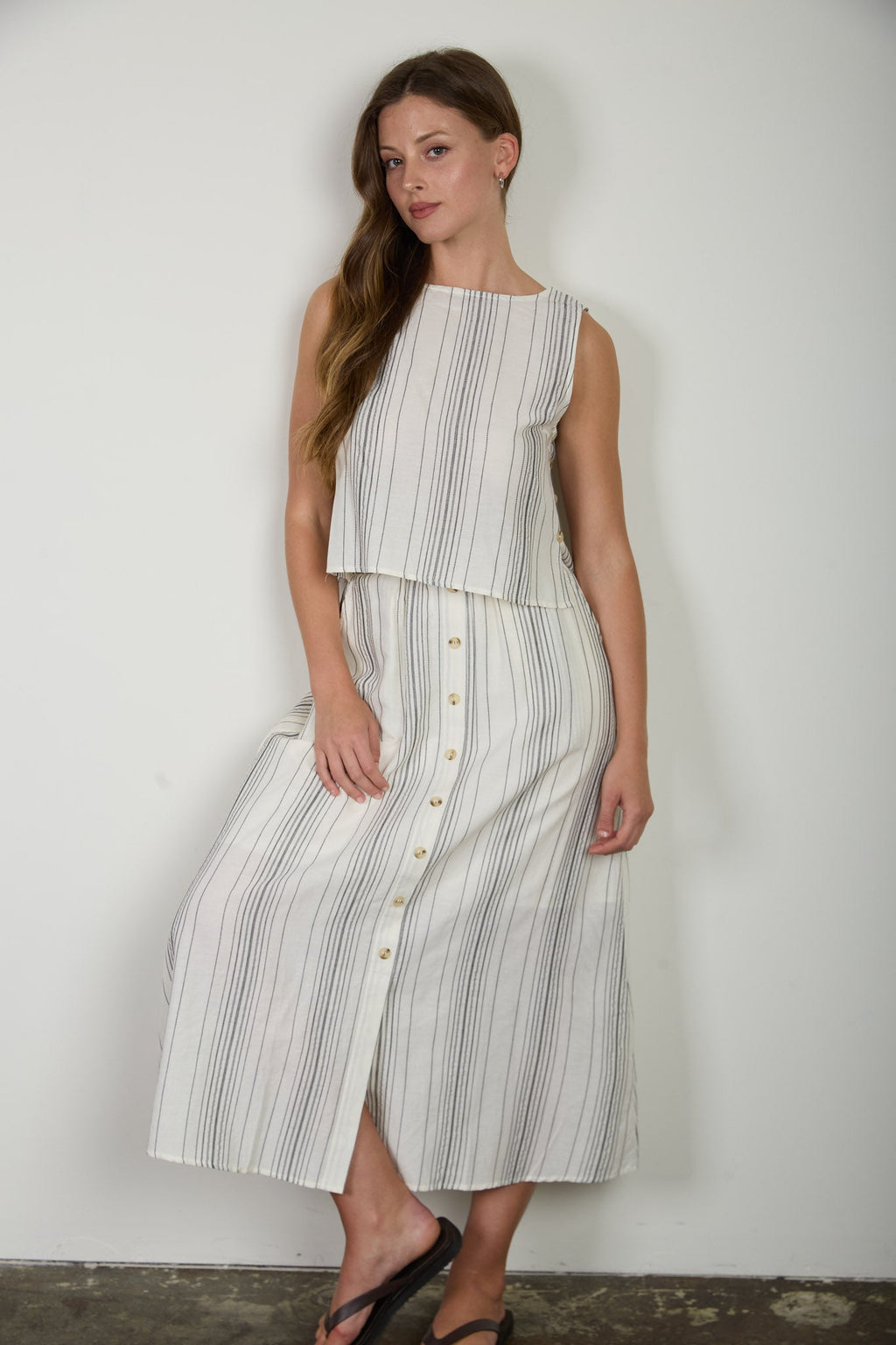 Stripe Sleeveless Side Button Detail Top