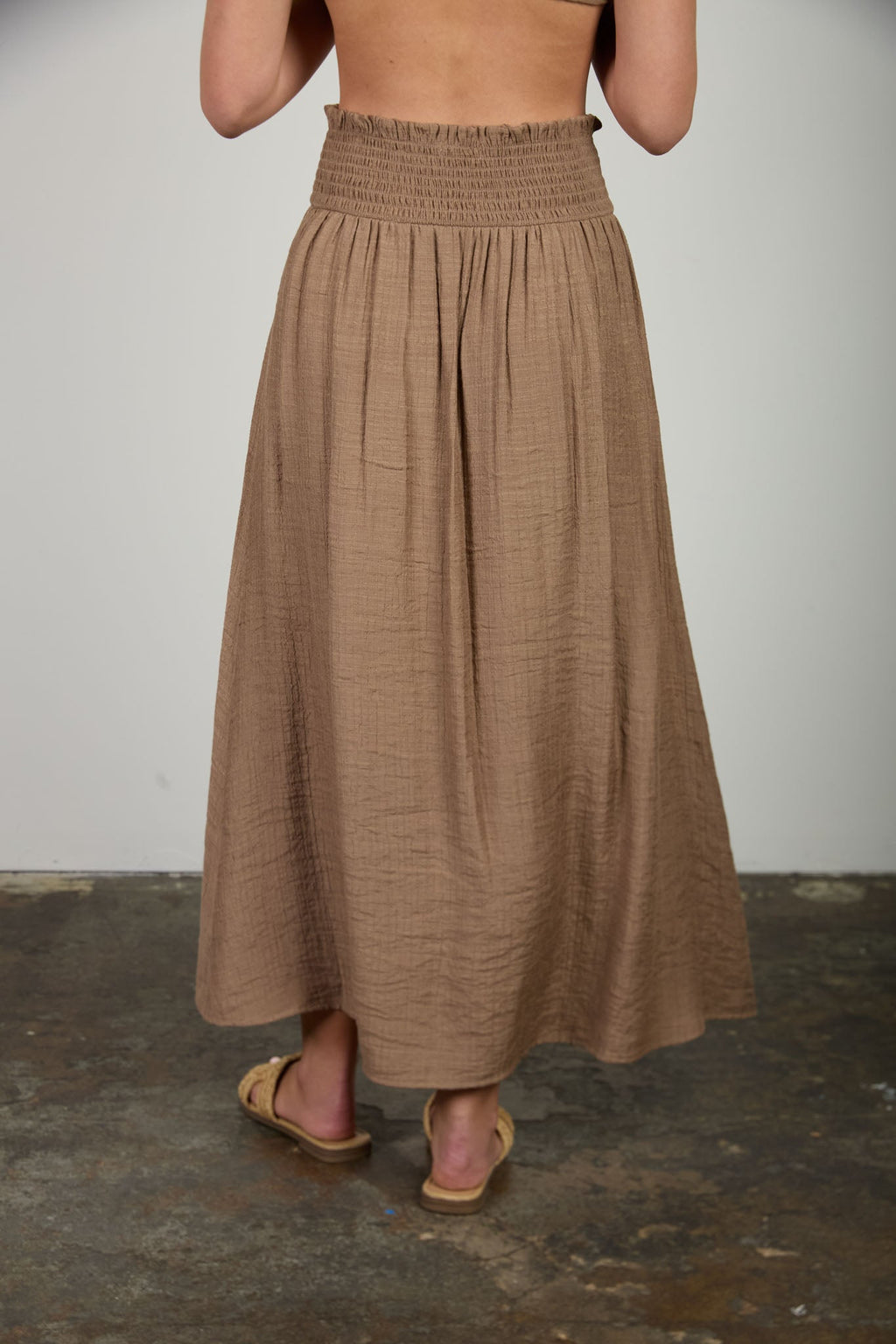 Smocked Waist Ruffle Detail Button Down Midi Skirt