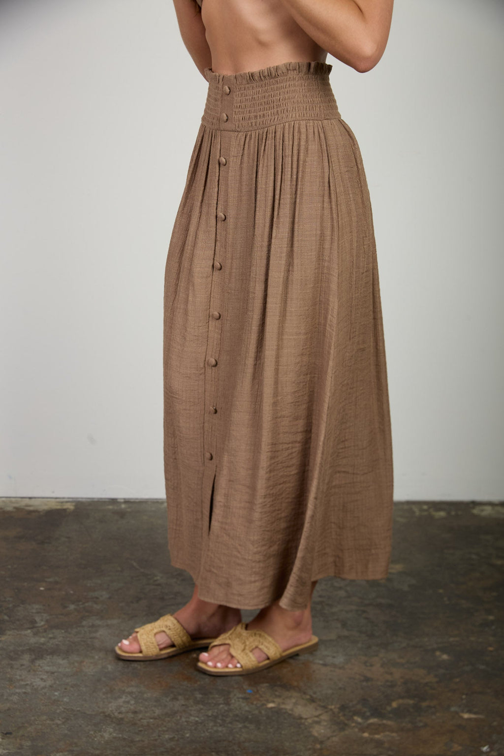 Smocked Waist Ruffle Detail Button Down Midi Skirt