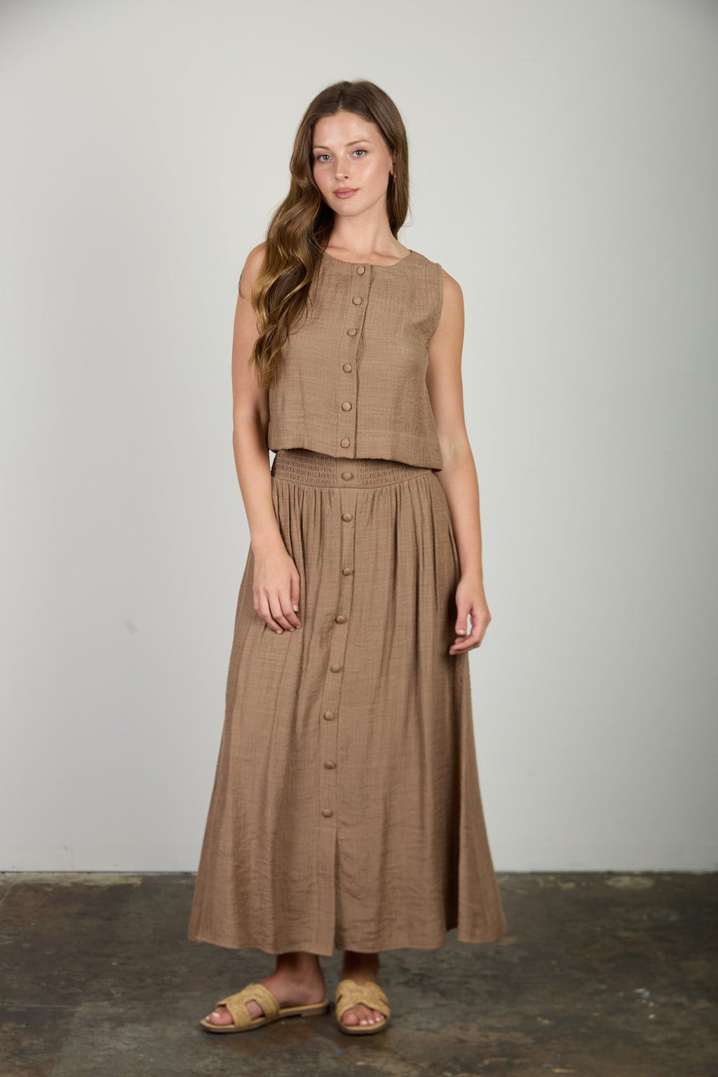 Smocked Waist Ruffle Detail Button Down Midi Skirt