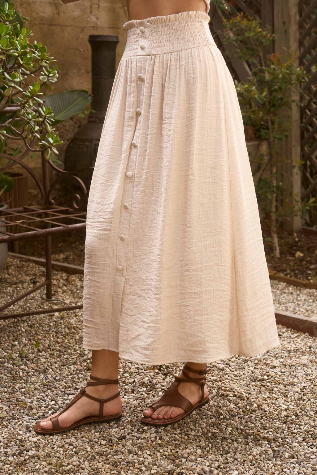 Smocked Waist Ruffle Detail Button Down Midi Skirt