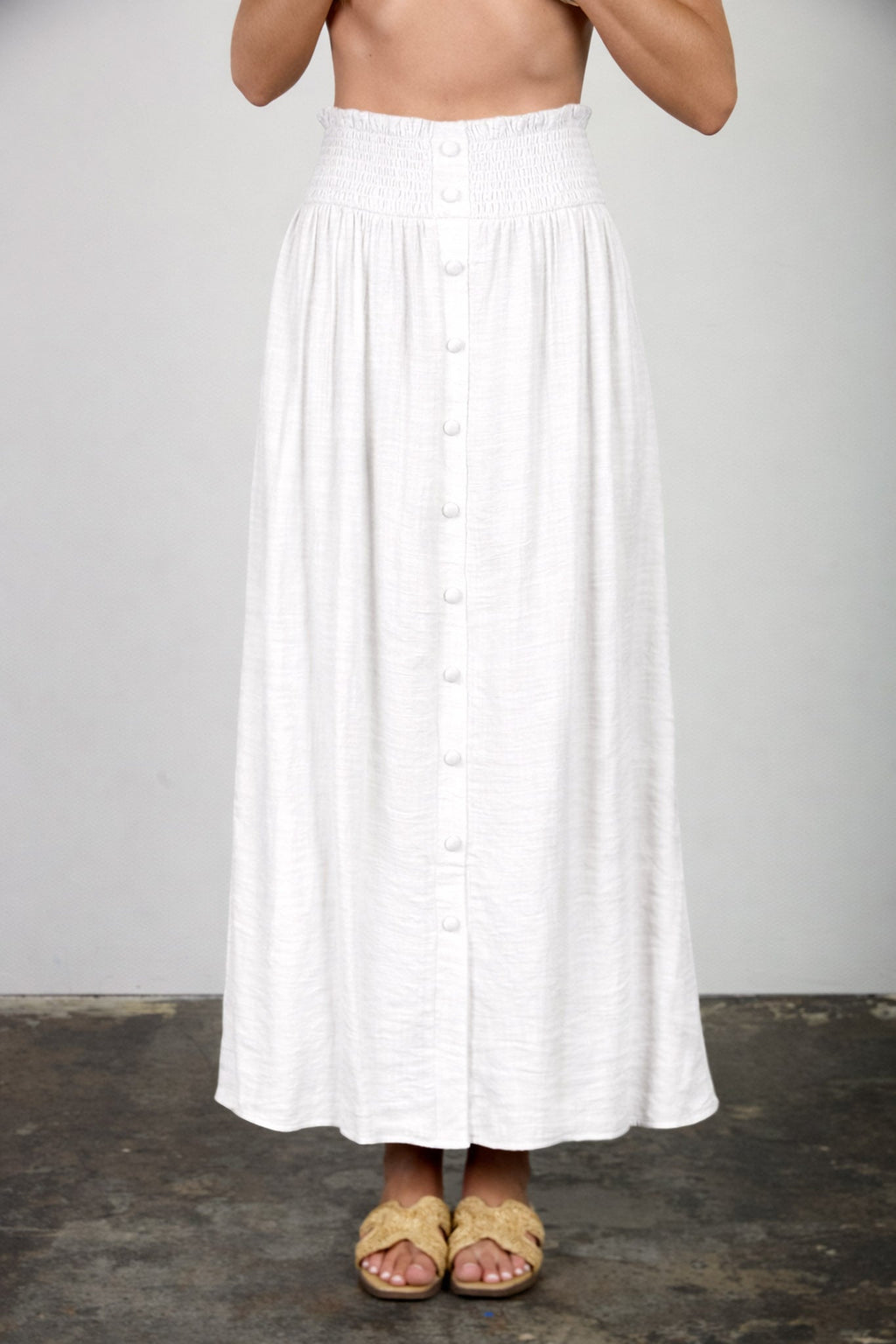 Smocked Waist Ruffle Detail Button Down Midi Skirt