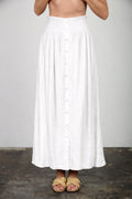 Smocked Waist Ruffle Detail Button Down Midi Skirt