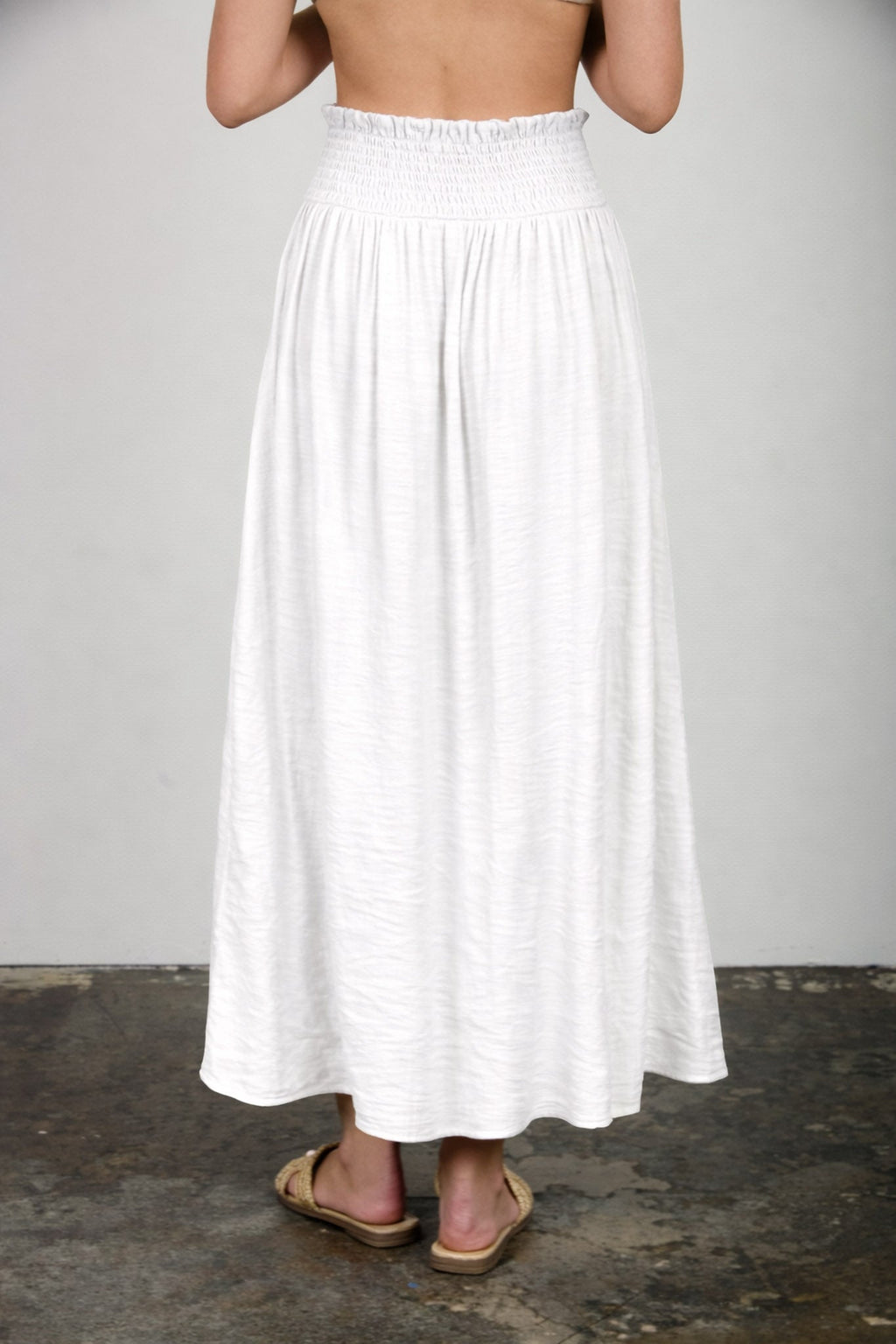 Smocked Waist Ruffle Detail Button Down Midi Skirt