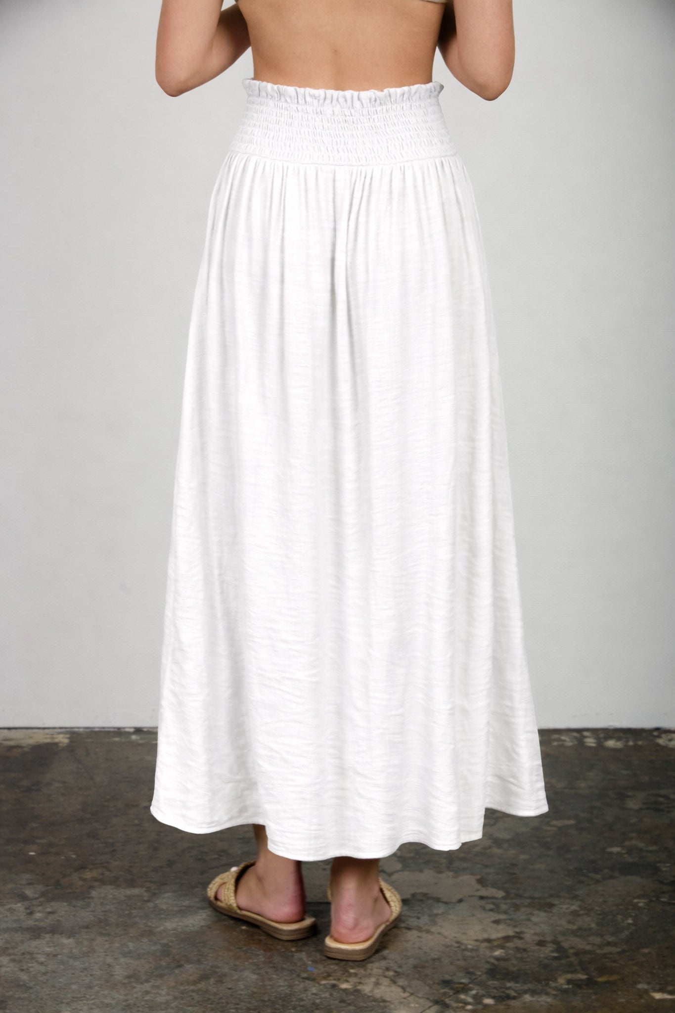 Smocked Waist Ruffle Detail Button Down Midi Skirt
