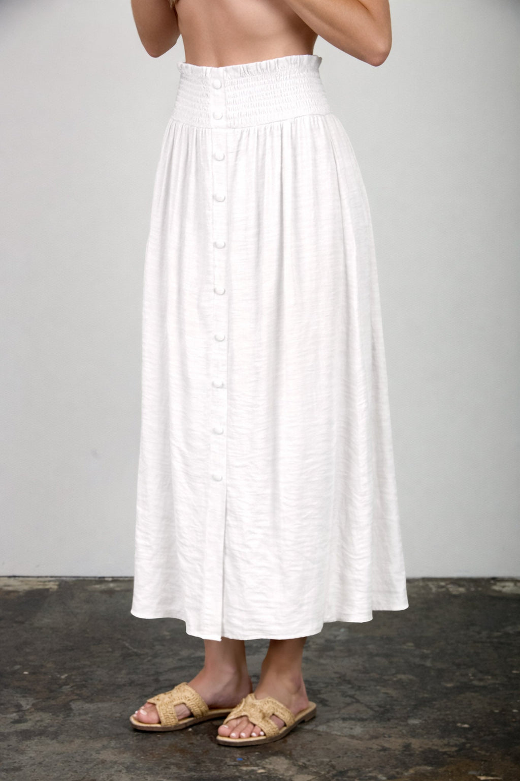 Smocked Waist Ruffle Detail Button Down Midi Skirt