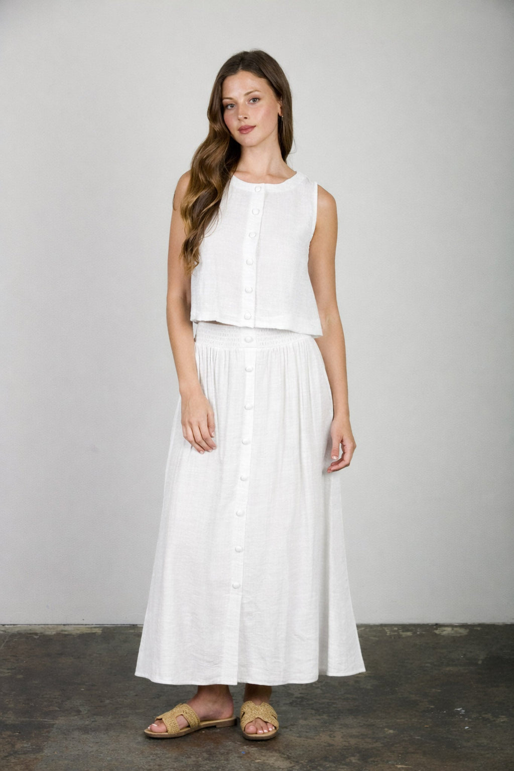 Smocked Waist Ruffle Detail Button Down Midi Skirt