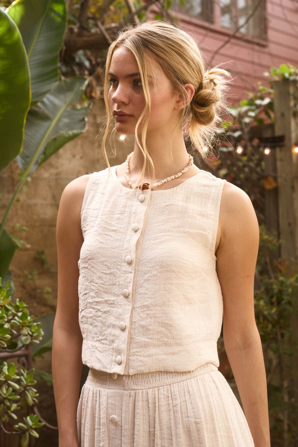 Textured Button Down Sleeveless Top