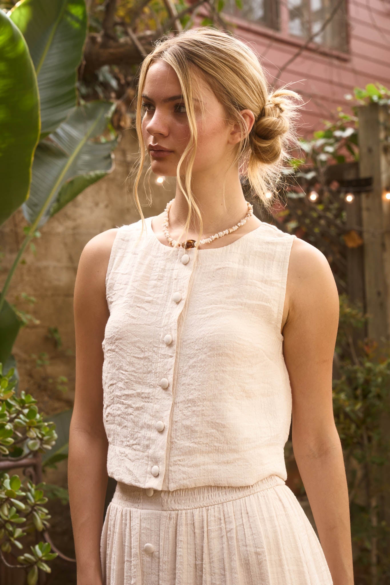 Textured Button Down Sleeveless Top