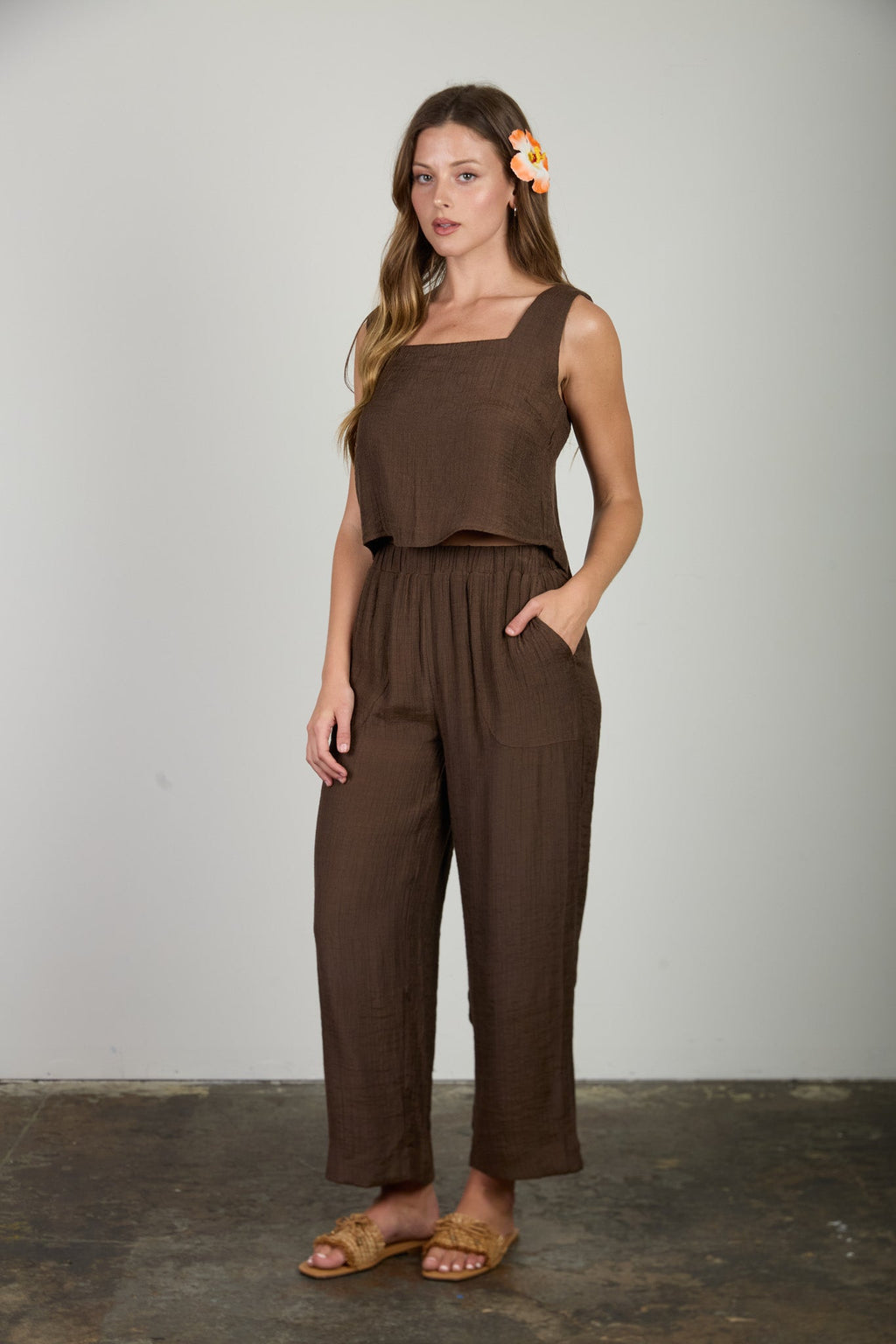 Textured Square Neck Back Button Tank Top