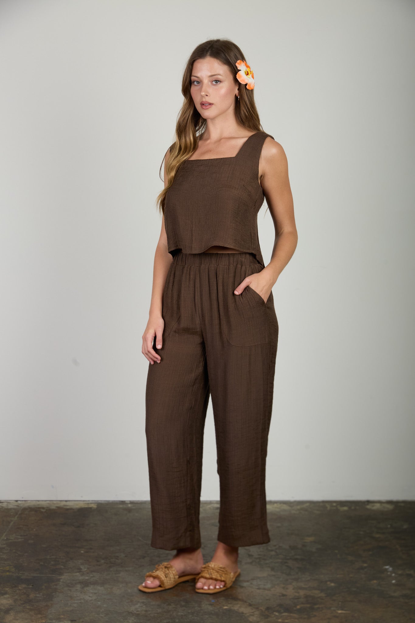 Textured Square Neck Back Button Tank Top