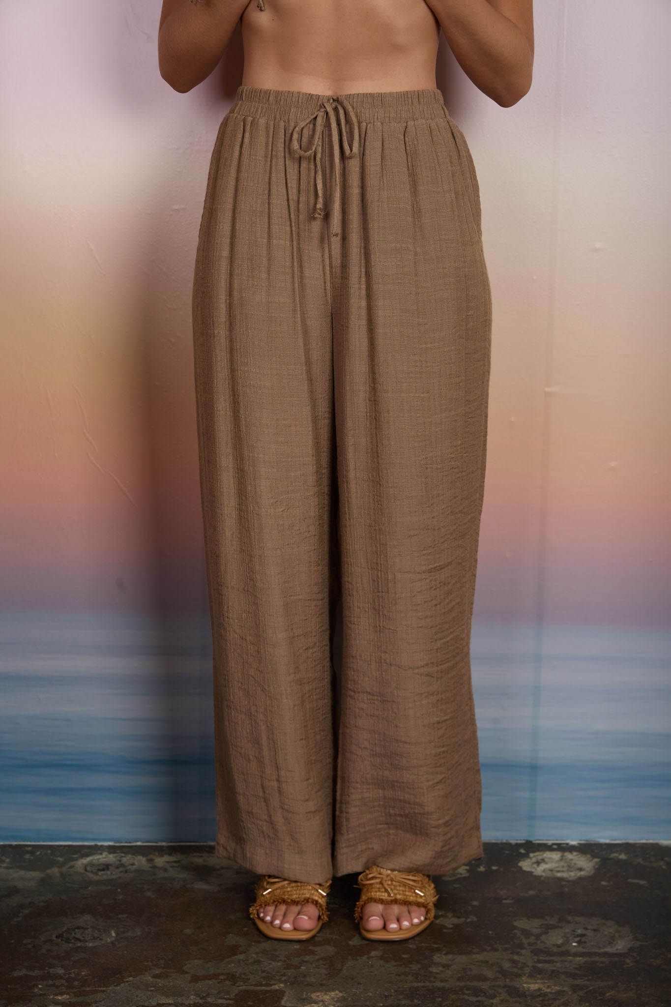 Textured Drawstring Detail Wide Leg Lounge Pants