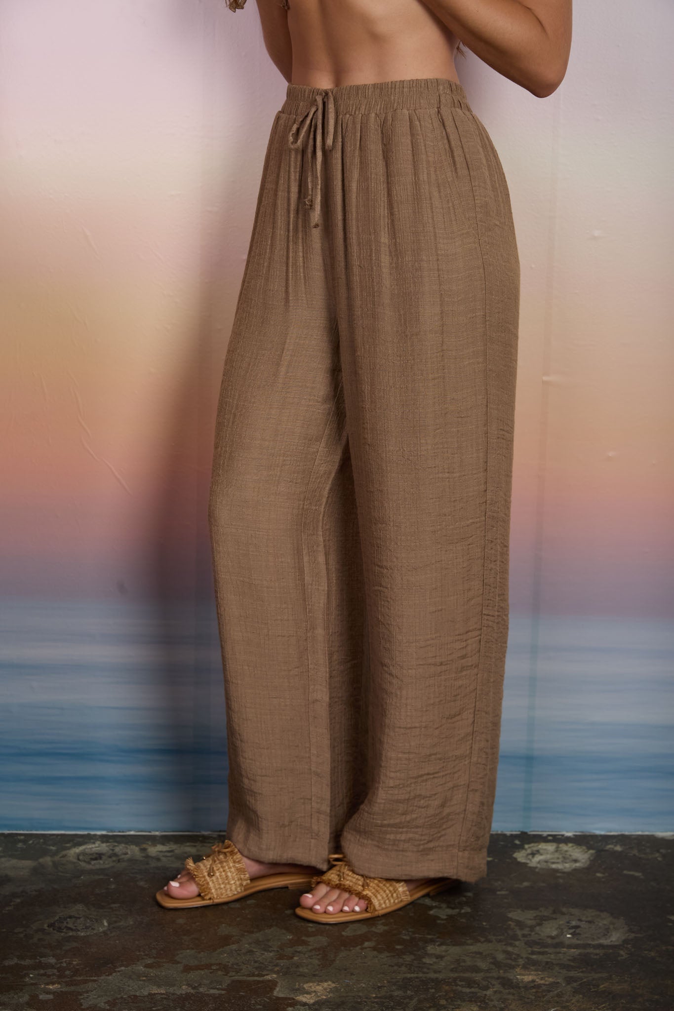 Textured Drawstring Detail Wide Leg Lounge Pants