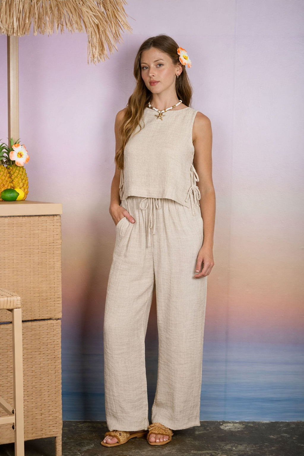 Textured Side Tie Sleeveless Crop Top