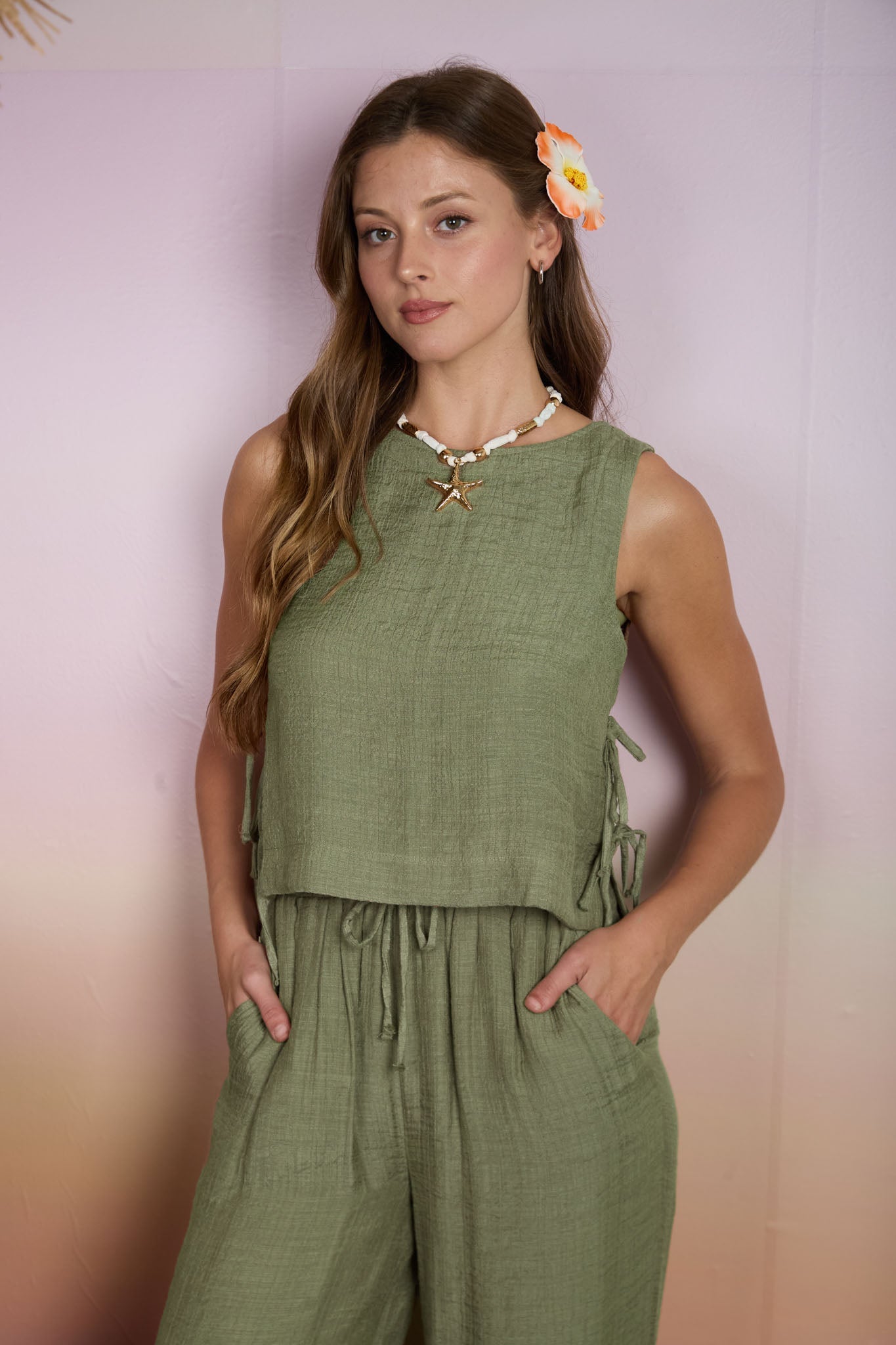 Textured Side Tie Sleeveless Crop Top