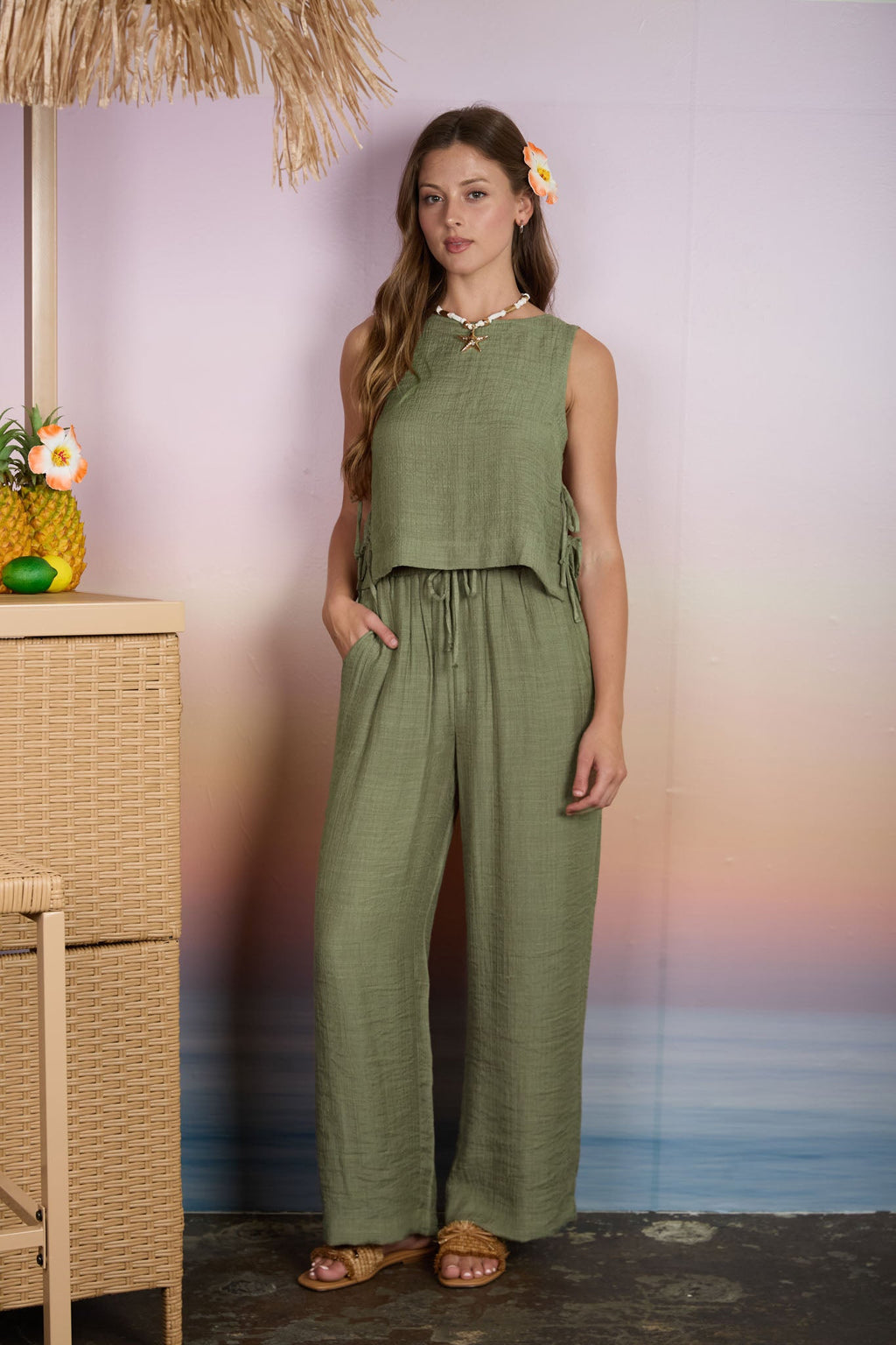 Textured Side Tie Sleeveless Crop Top