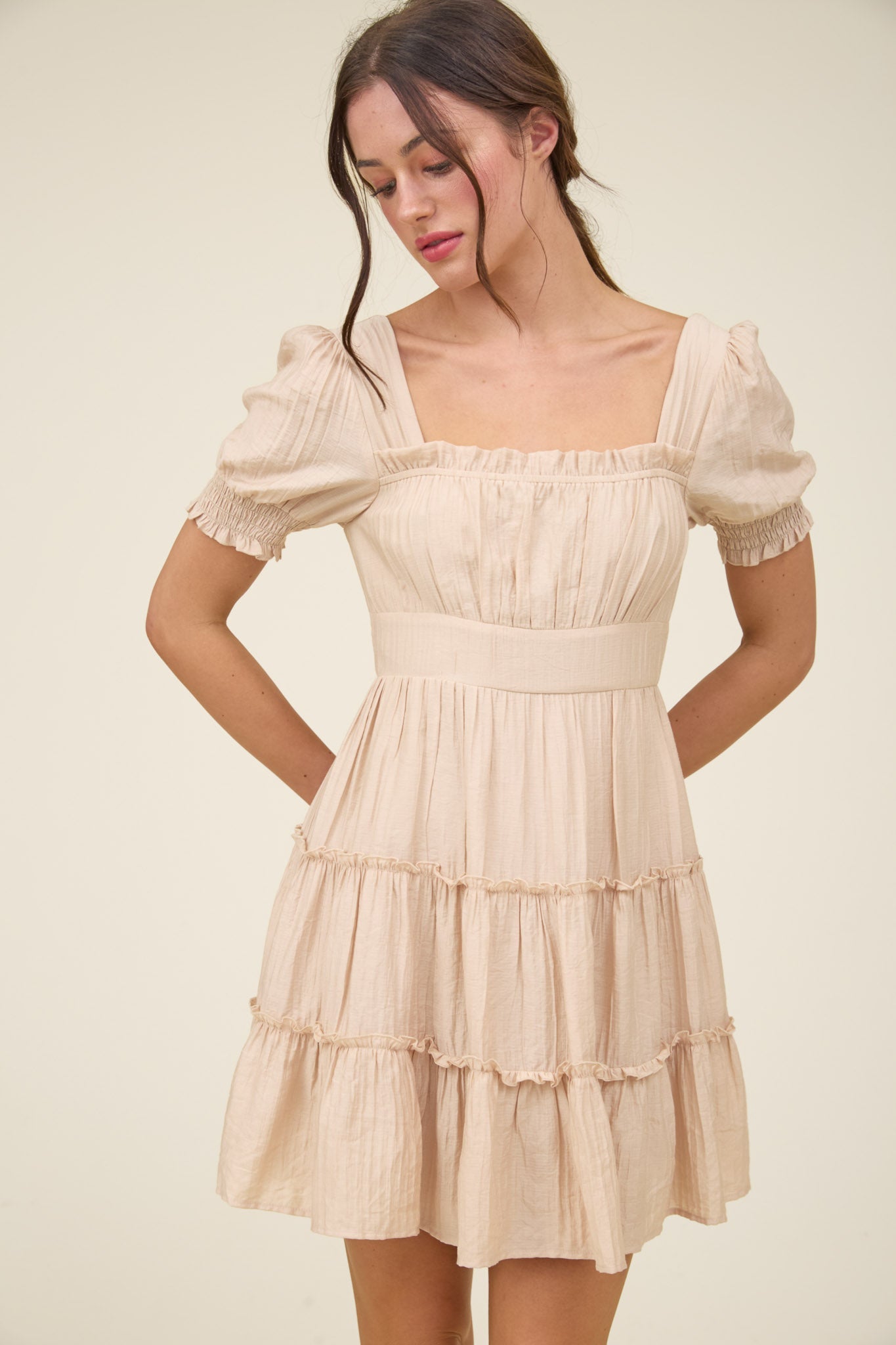 Square Neck Smocked Detail Tiered Mini Dress