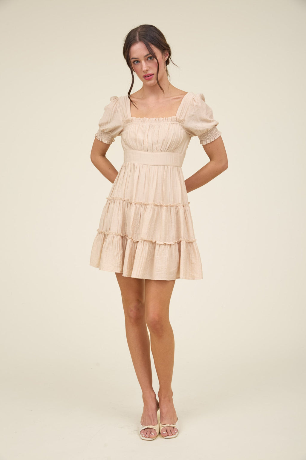 Square Neck Smocked Detail Tiered Mini Dress