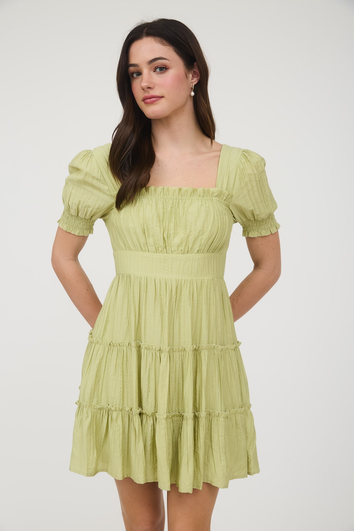 Square Neck Smocked Detail Tiered Mini Dress