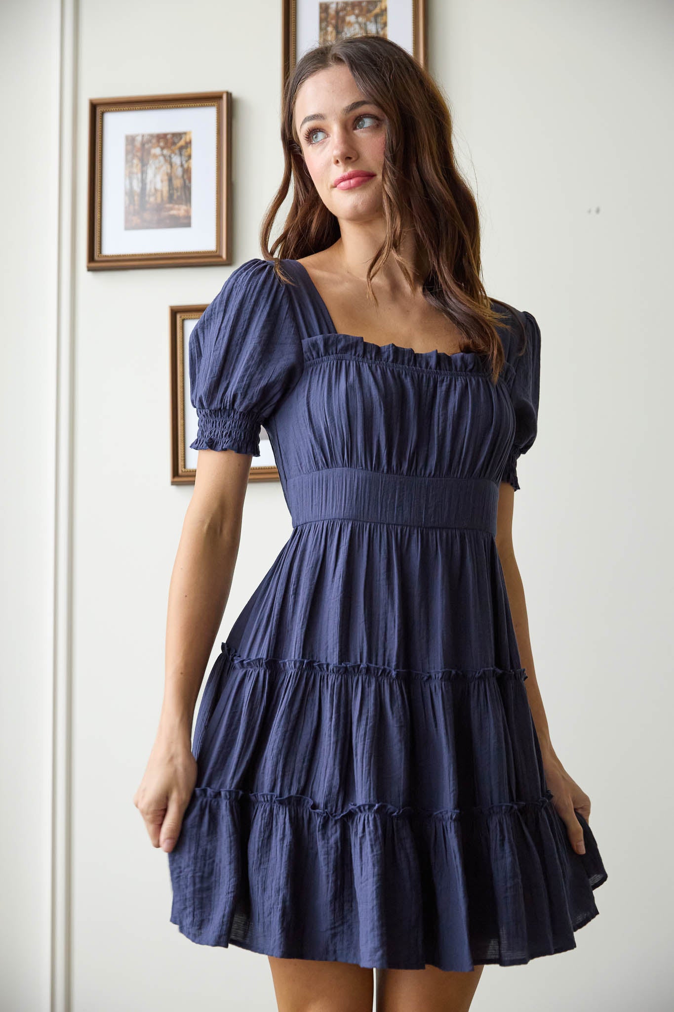 Square Neck Smocked Detail Tiered Mini Dress