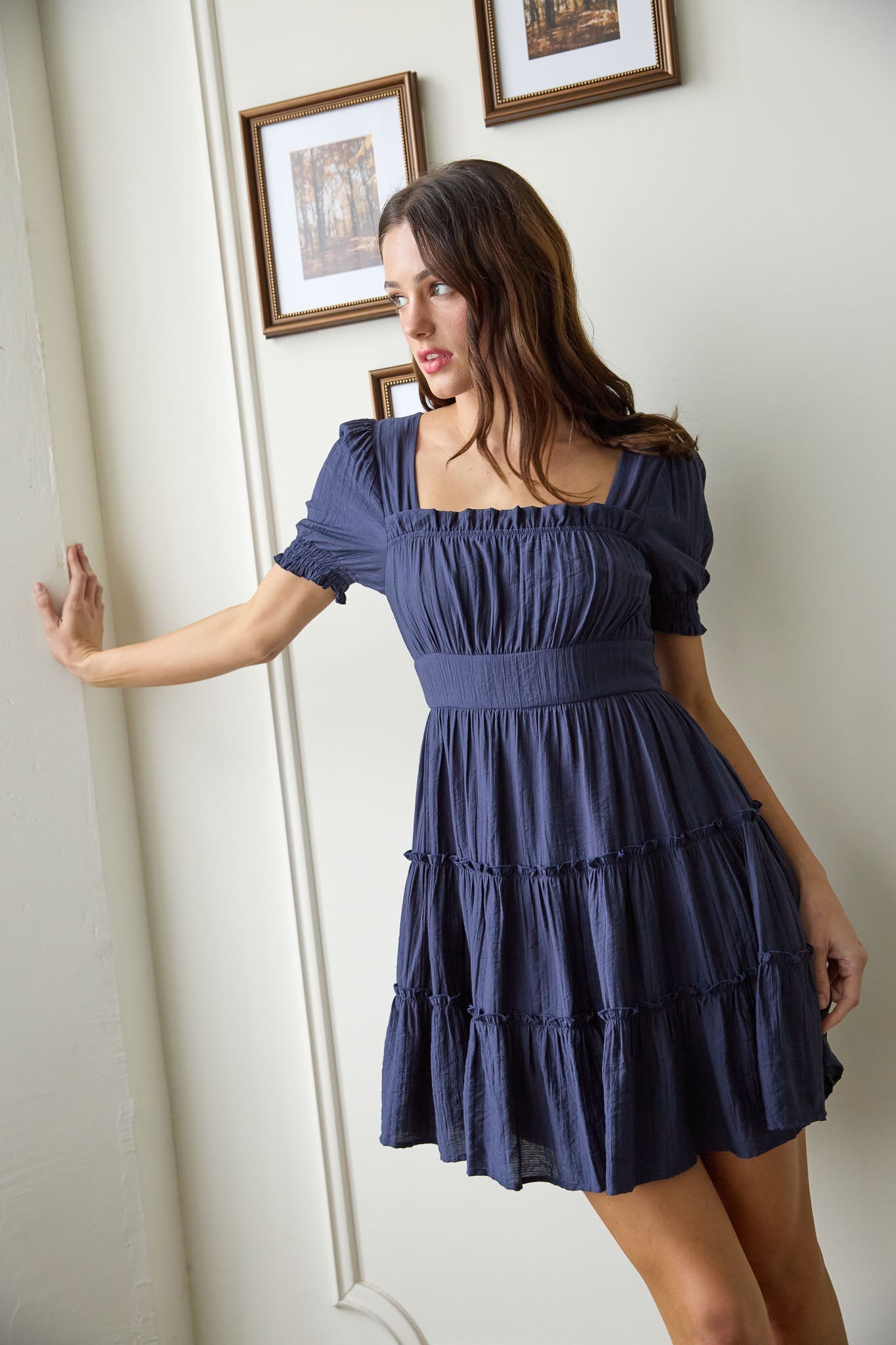 Square Neck Smocked Detail Tiered Mini Dress