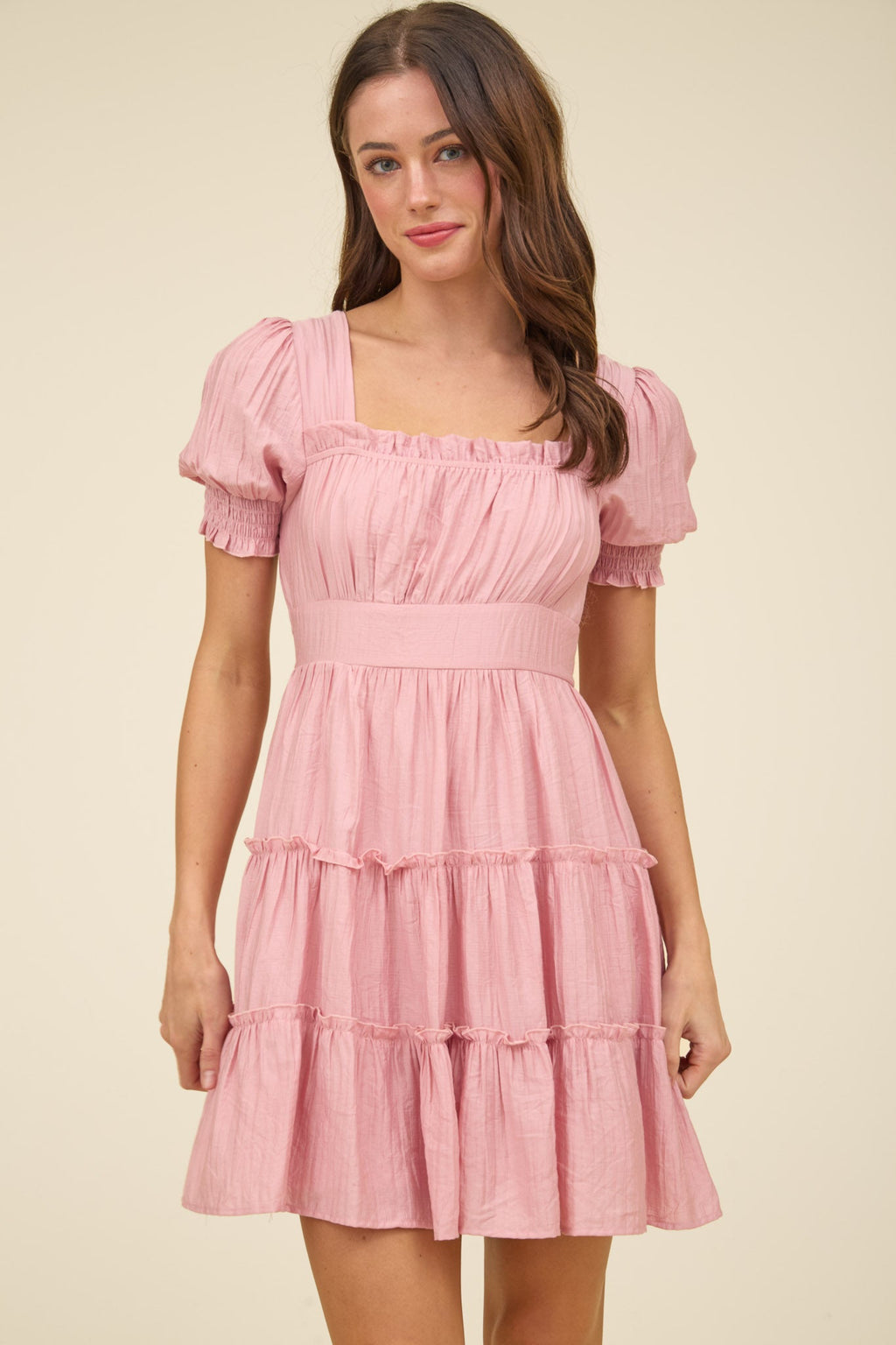 Square Neck Smocked Detail Tiered Mini Dress