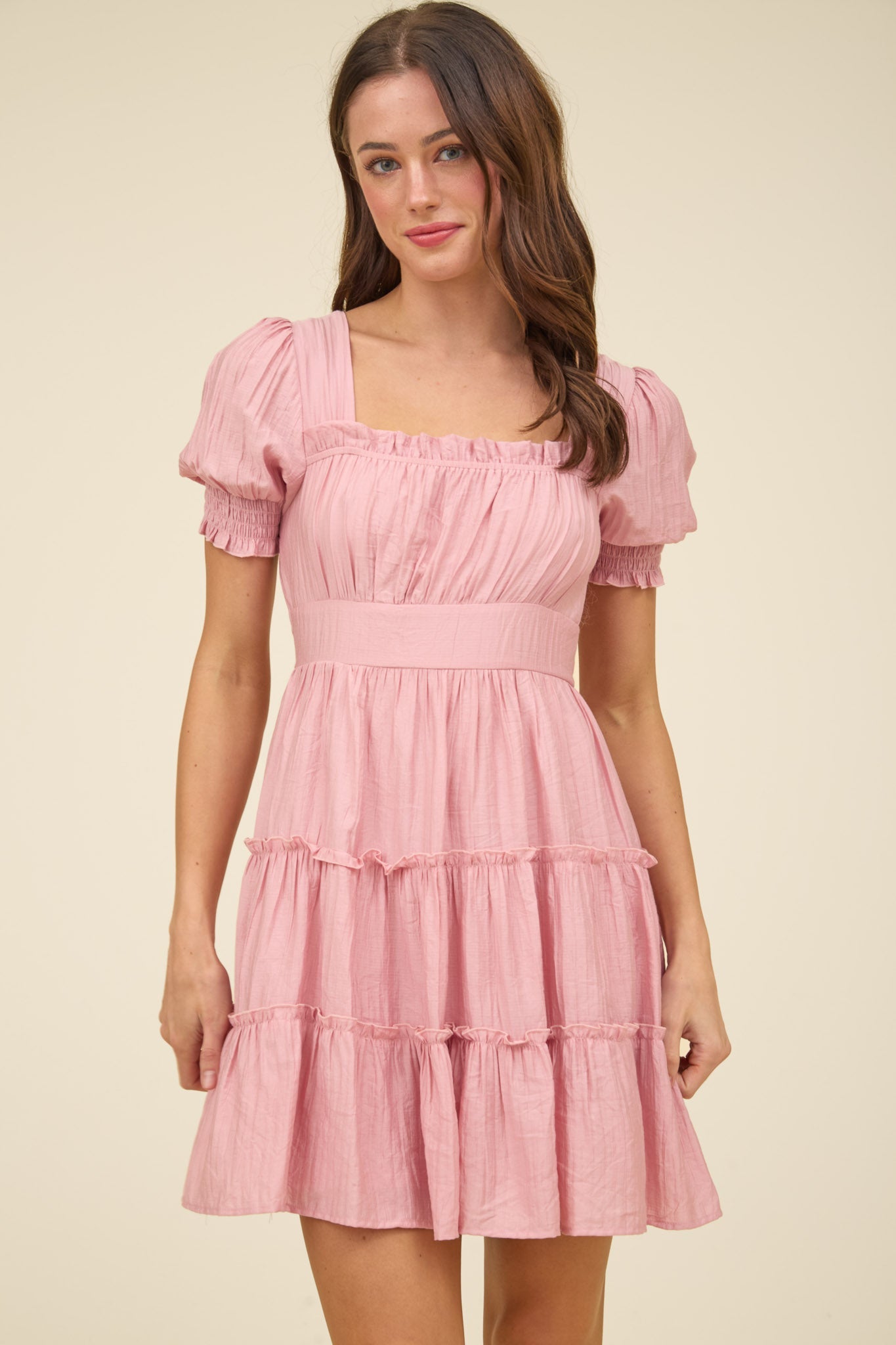 Square Neck Smocked Detail Tiered Mini Dress