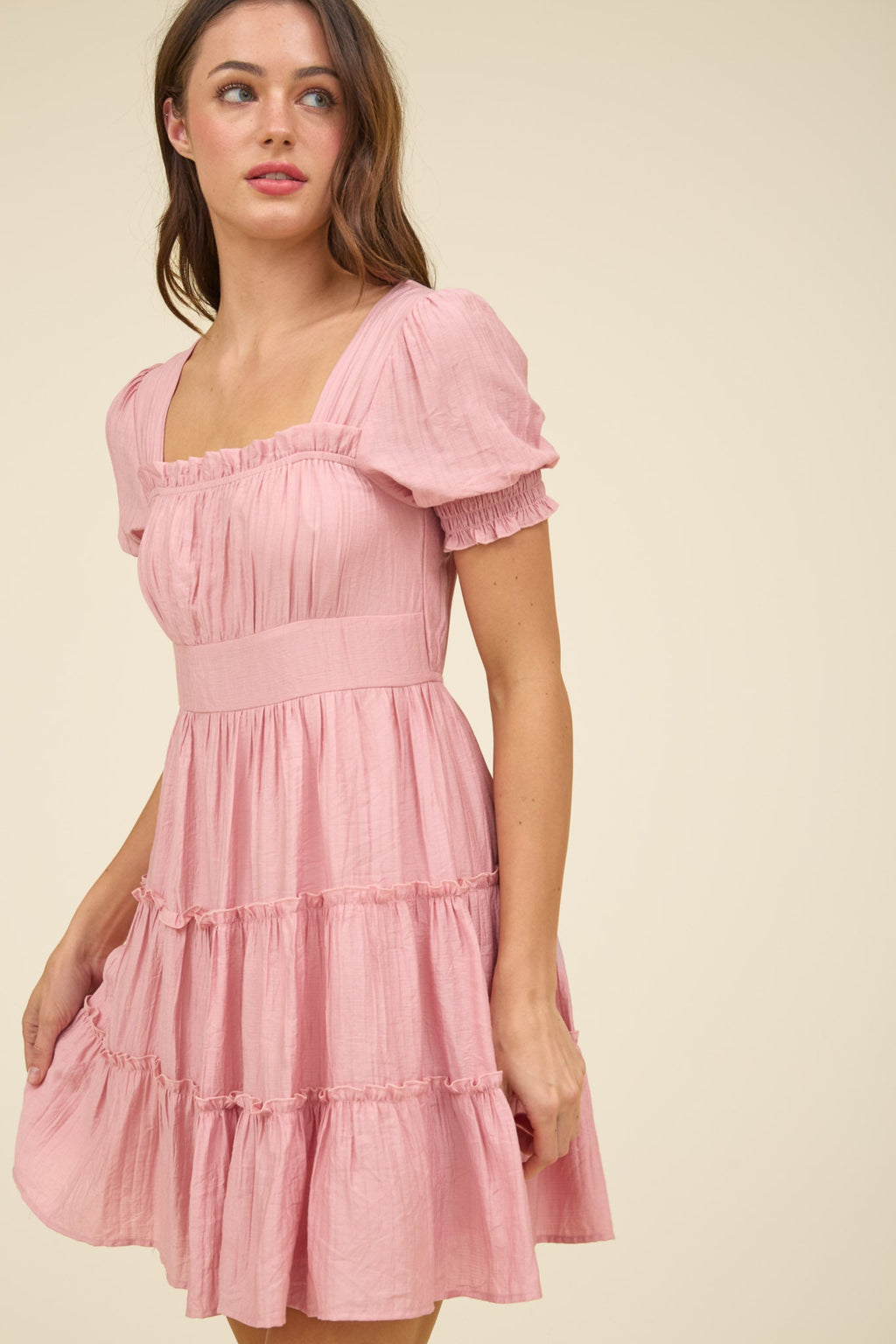 Square Neck Smocked Detail Tiered Mini Dress