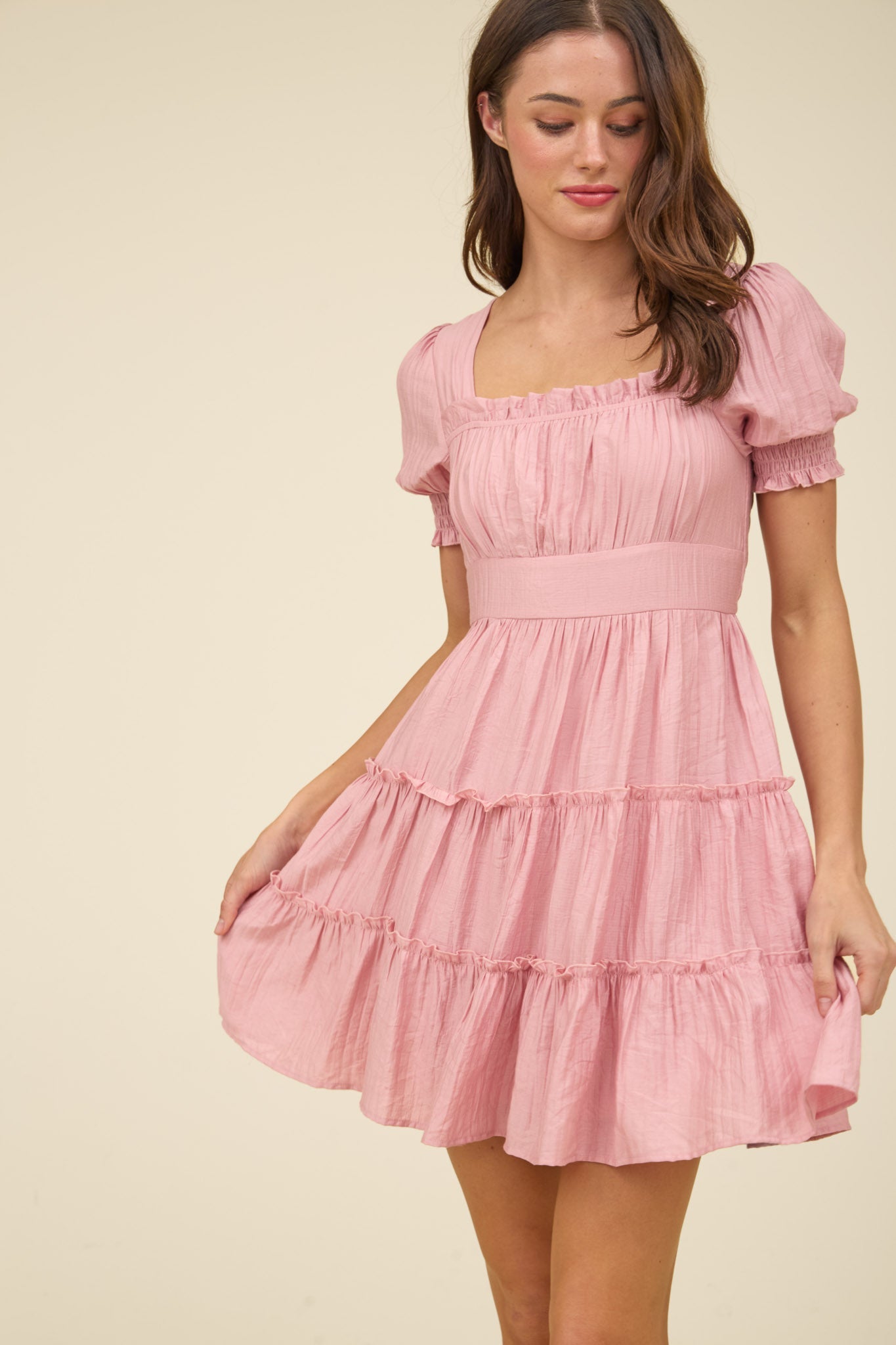 Square Neck Smocked Detail Tiered Mini Dress