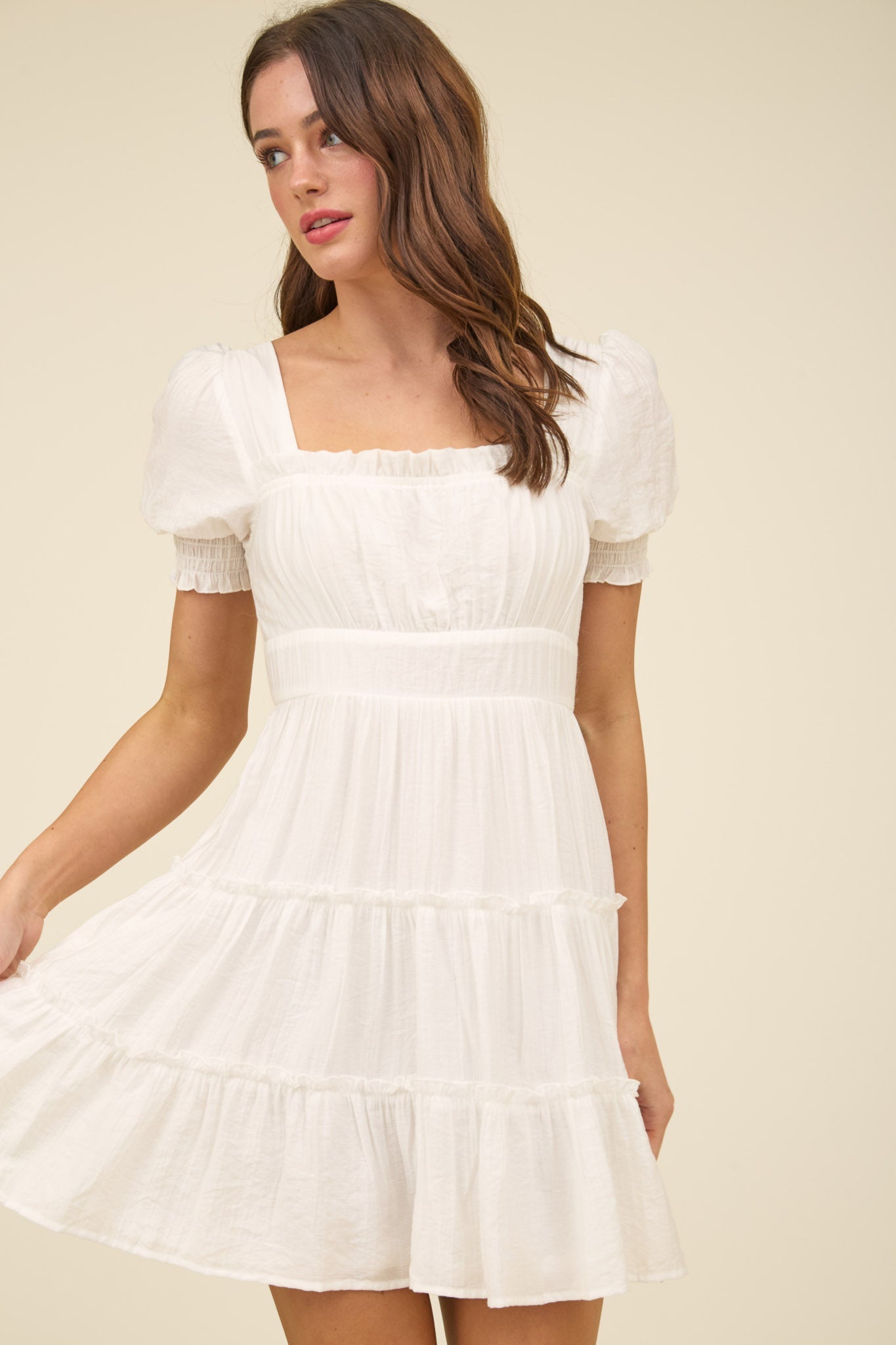 Square Neck Smocked Detail Tiered Mini Dress