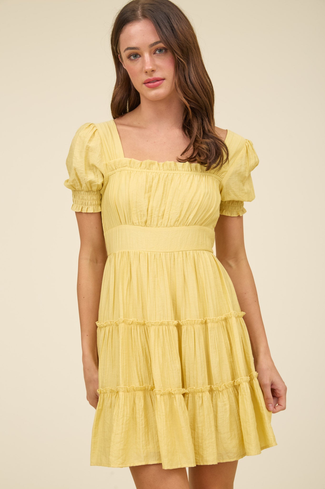 Square Neck Smocked Detail Tiered Mini Dress